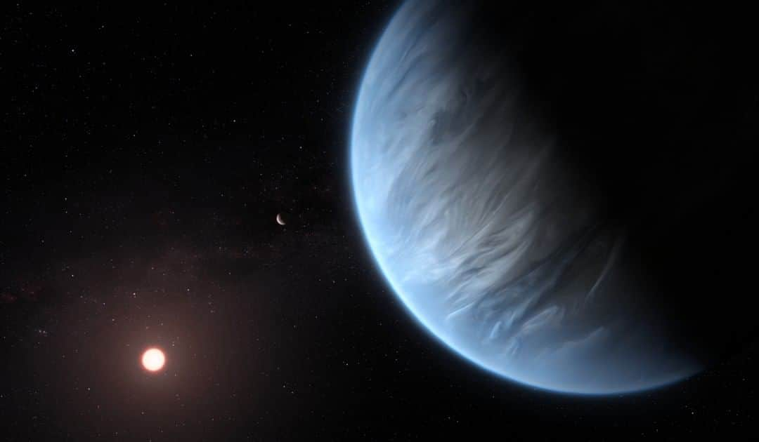 NASAさんのインスタグラム写真 - (NASAInstagram)「🚨 For the first time, @NASAHubble has found water vapor on a habitable-zone exoplanet 💦  Its size and surface gravity are much larger than Earth’s, and its radiation environment may be hostile, but a distant planet called K2-18b has captured the interest of scientists all over the world. For the first time, researchers have detected water vapor signatures in the atmosphere of a planet beyond our solar system that resides in the "habitable zone," the region around a star in which liquid water could potentially pool on the surface of a rocky planet.  Caption: This artist’s impression shows the planet K2-18b, its host star and an accompanying planet in this system. K2-18b is now the only super-Earth exoplanet known to host both water and temperatures that could support life. UCL researchers used archive data from 2016 and 2017 captured by the NASA/ESA Hubble Space Telescope and developed open-source algorithms to analyze the starlight filtered through K2-18b’s atmosphere. The results revealed the molecular signature of water vapor, also indicating the presence of hydrogen and helium in the planet’s atmosphere.  Credits: ESA/Hubble, M. Kornmesser」9月12日 2時08分 - nasagoddard