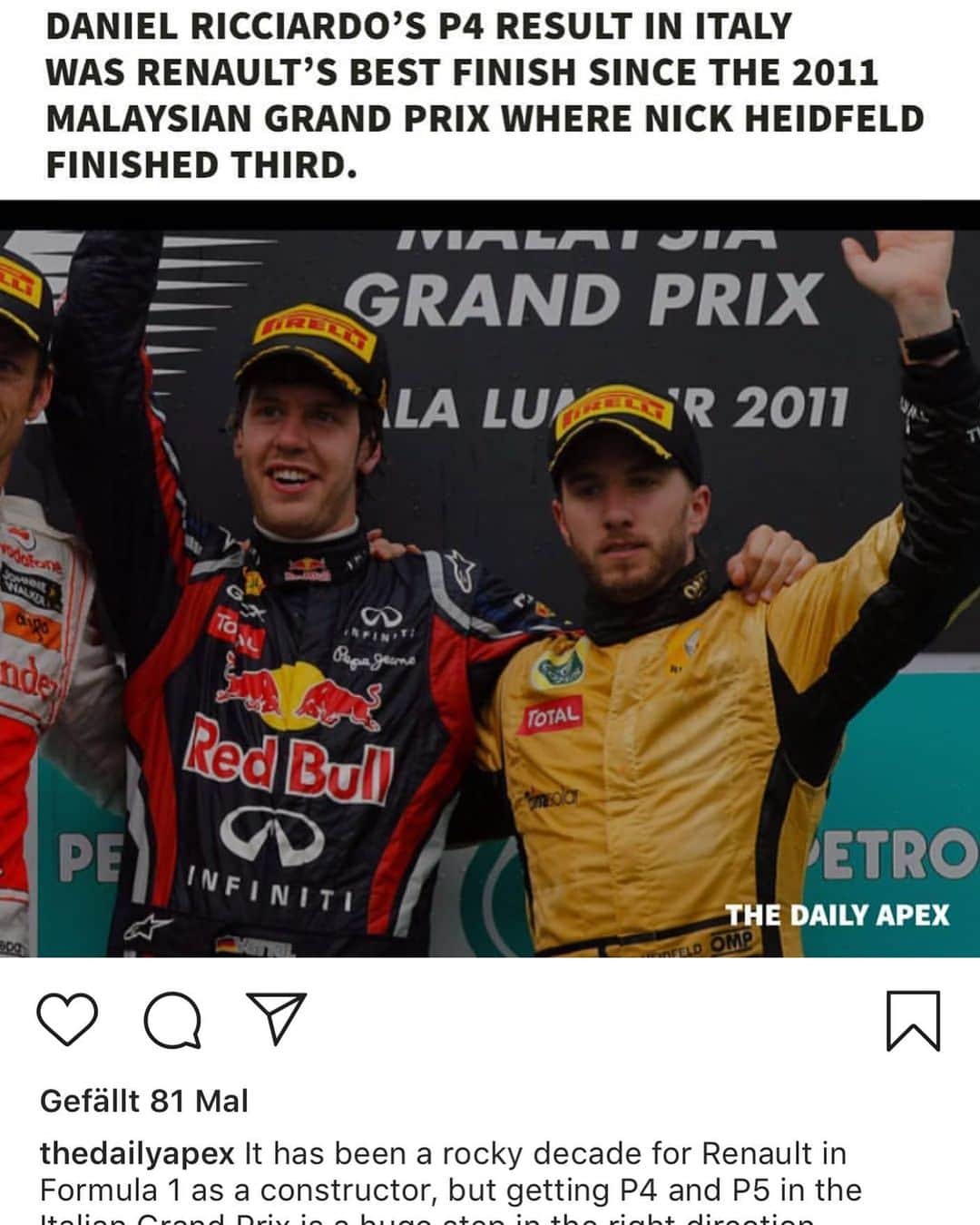 ニック・ハイドフェルドのインスタグラム：「#repost from @thedailyapex  Kind of shocking that was back in 2011.  On the podium with @jensonbutton and #sebastianvettel actually my last podium in F1.  @f1 #podium #f1 #motorsport #goldenoverall #malaysia」