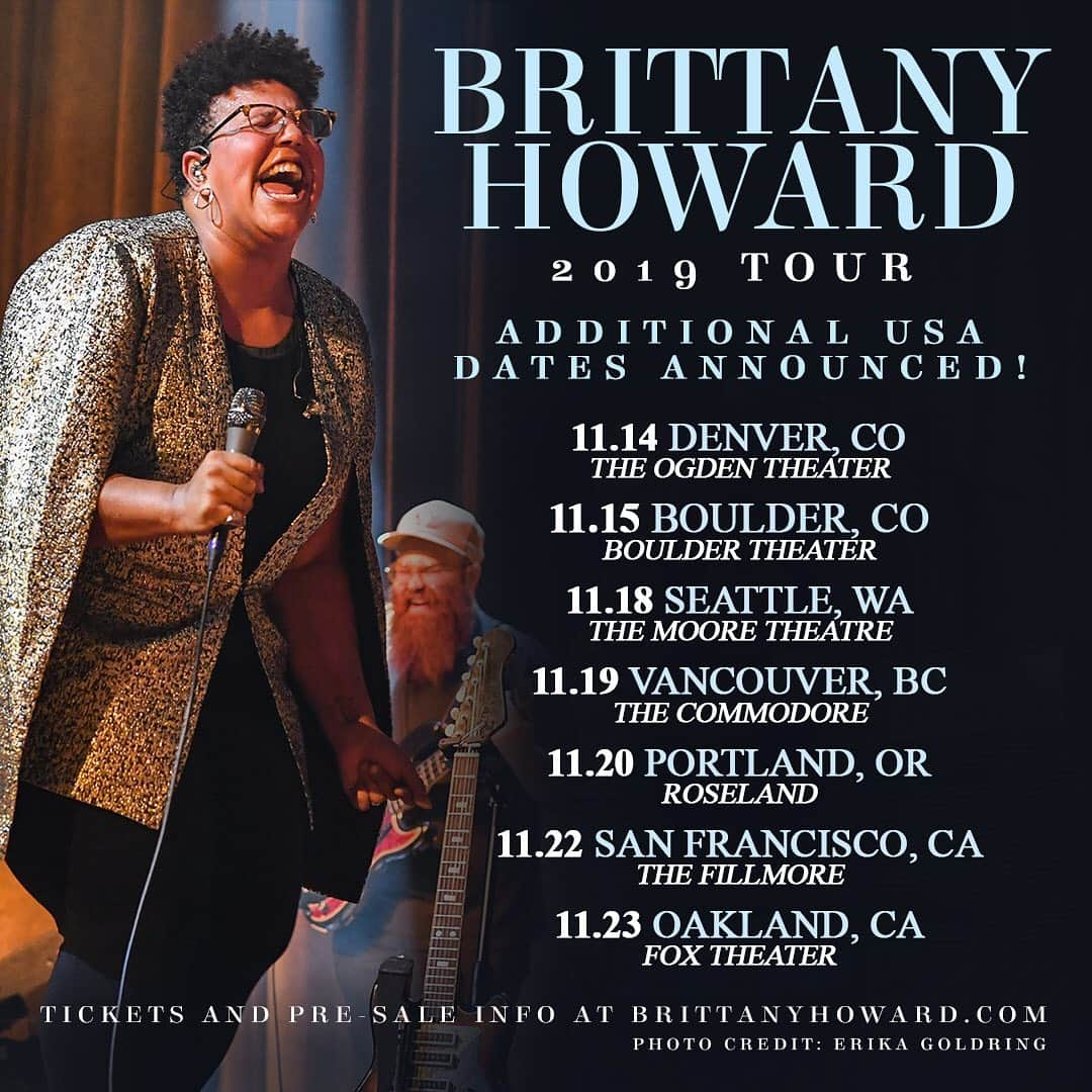 アラバマ・シェイクスのインスタグラム：「Brittany Howard (@blackfootwhitefoot) has announced west coast shows this November in support of her new album, ‘Jaime’! A limited number of pre-sale tickets will be available Thursday morning at 10am local time w/ code “HISTORY” via brittanyhoward.com while the general on-sales will begin Friday at 10am local time.」