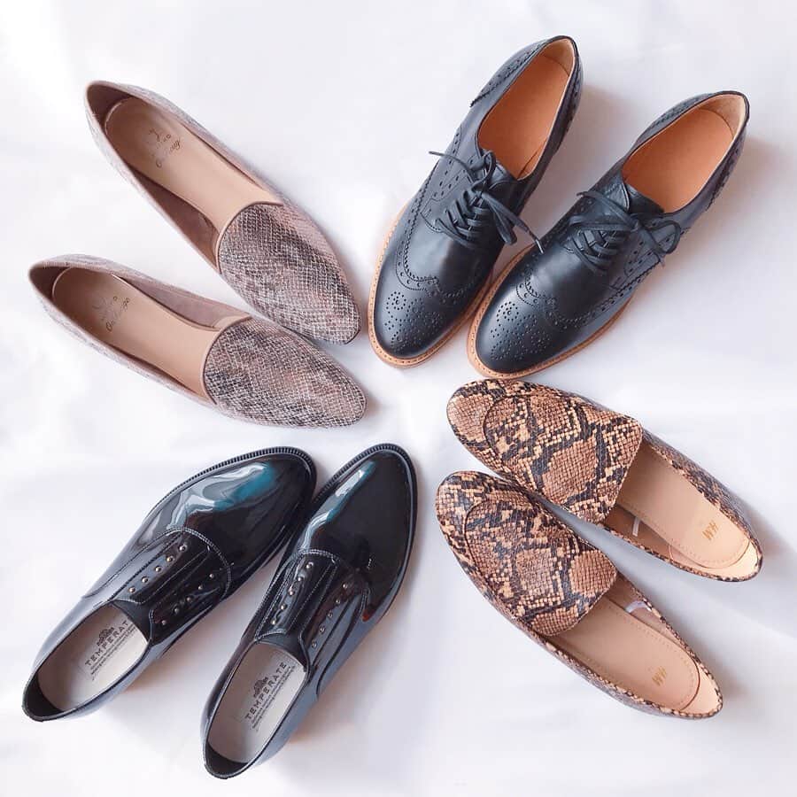 のインスタグラム：「✴︎ 秋支度🍂 . @himiko_shoes ☑︎今年の秋冬はレースアップシューズでマニッシュコーデがしたい❤︎本革なのでたくさん履いて自分の足に早く馴染ませなきゃ☺︎(2枚目) ☑︎光沢感があって綺麗めな印象のパイソン柄のフラットシューズ❤︎いろんなコーデに合わせやすそう☺︎(3枚目) . @temperate64  こんなの欲しかった‼︎ 雨の日でも履けるオックスフォードシューズ☔︎ 雨で出がけに靴を変えることもあったけど、これはレインシューズとしても履けるので雨でも大丈夫❤︎(4枚目) . @hm  ブラウンベースのパイソン柄🐍 @myu____official の撮影で履いてすごく良くて私も購入❤︎ ベージュ、ブラウン系のコーデのポイントに履きたい☺︎(5枚目) . 靴を新しく追加するとなんだかワクワク🎶 . . #himiko#卑弥呼#temperate64#テンパレイト#hm#パイソン柄#靴#フラットシューズ#3coins#置き画くら部」