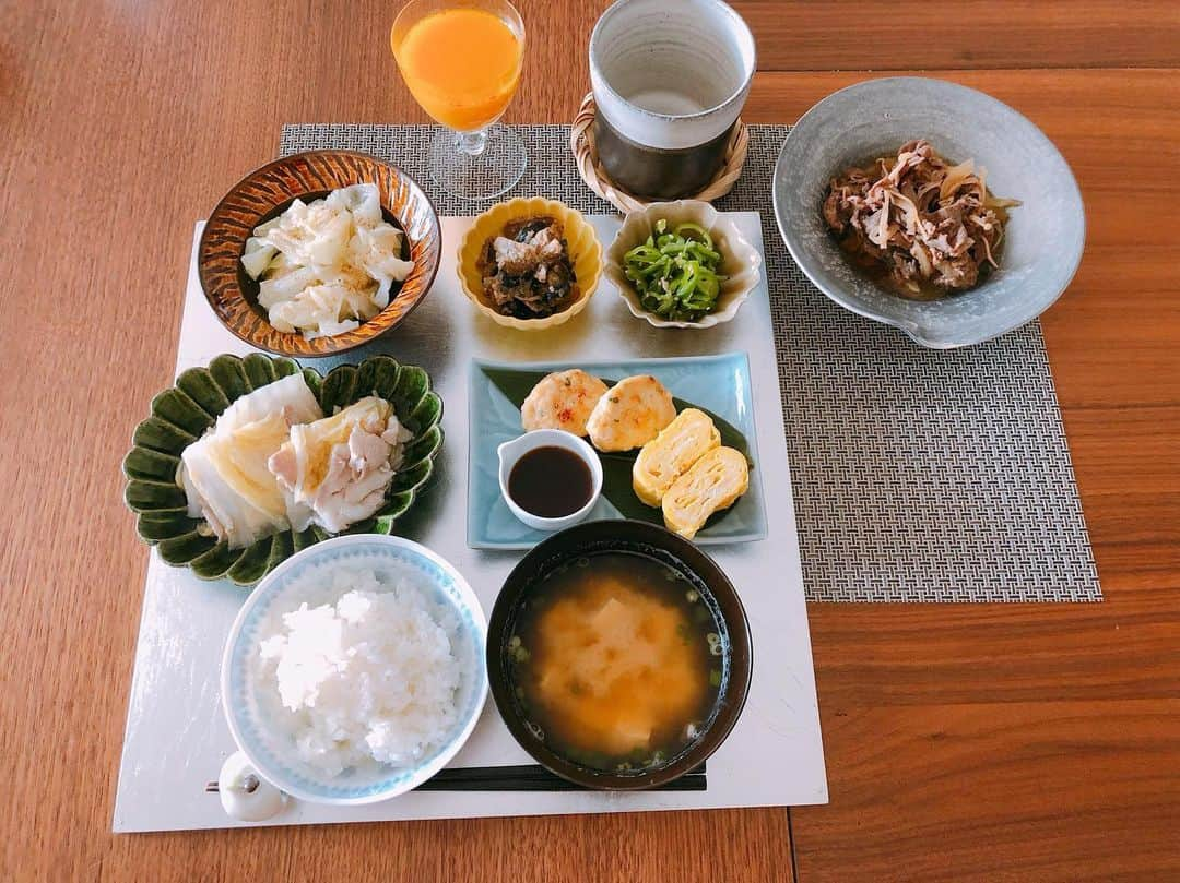 英玲奈さんのインスタグラム写真 - (英玲奈Instagram)「#今日の朝ご飯 #夫の朝ご飯 #ご飯 #豆腐の味噌汁 #牛皿 #豚バラと白菜ミルフィーユ #鶏ハンバーグ #卵焼き #ピーマンナムル #ナスとエリンギの味噌炒め #キャベツの胡麻油和え #シーベリージュース #ていねいな暮らし #季節を感じる暮らし#からだにいいこと #からだにやさしいごはん #おうちごはん#夫の健康守りたい#10年後の健康の為に#無添加#無化調#オーガニック#低gi #美腸活#趣味生活#erenakitchen」9月12日 10時33分 - erena_erenyan