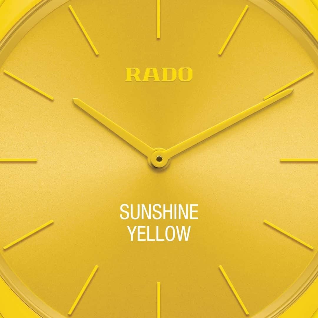のインスタグラム：「True Thinline Les Couleurs™ Le Corbusier Sunshine Yellow. Which colour in high-tech ceramic would you choose? Find out more about the collection at the link in the bio. #MasterOfMaterials #TrueThinline #RadoColours」