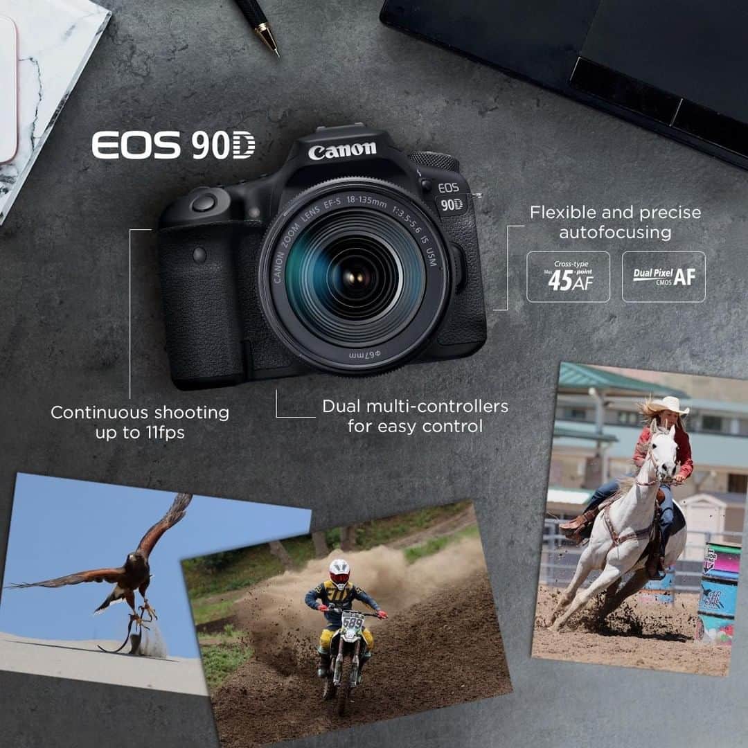 Canon Asiaのインスタグラム：「Faster, better, stronger with the NEW Canon EOS 90D! Nail high speed shots with fast and precise autofocusing, allowing you to capture crisp images of your fast moving subjects. With AF tracking, the EOS 90D can also achieve high-speed continuous shooting of up to 11 frames per second, so that you never miss a moment. What’s more, achieve greater control of your shot even while you look through the optical viewfinder with the two multi controllers, allowing you to frame your shots with ease.  Learn more about the NEW Canon EOS 90D, link in bio!  #canonasia #photography #eos90d #dslr #newcamera #eoscamera」