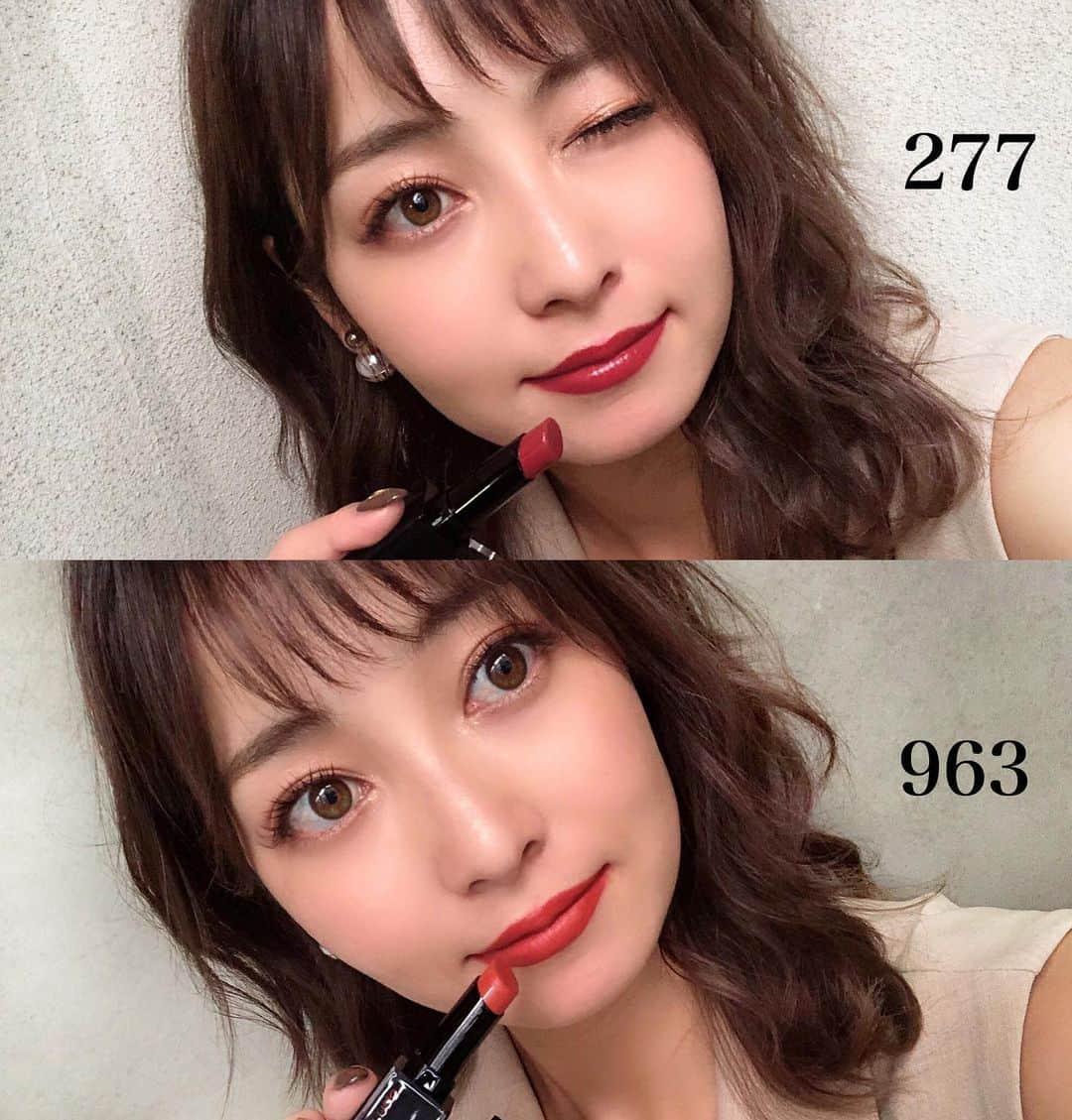 山口夏実さんのインスタグラム写真 - (山口夏実Instagram)「shu uemura💋﻿ 9月18日新発売の﻿ ルージュ　アンリミテッドアンプリファイド💖﻿ ひと塗りで見たままのとても発色の良い﻿ カラーです😌✨濃密なテクスチャーで、﻿ ふっくらとした立体感が出ます💋﻿ クリーミーで心地よい塗り心地です👶❤️﻿ 私のお気に入りは2枚目で塗ってる2色！﻿ 277番のワインモーヴ、﻿ 963番のアンバーベージュがおすすめ🥺💕﻿ 今年の秋冬にたくさん使おうー✨﻿ ﻿ 💋くすみブラウン⇨ A BR 762﻿ 💋赤みオレンジ⇨ AM OR 570﻿ 💋媚びないワインモーヴ⇨ A WN277﻿ 💋アンバーベージュ⇨ AM BG 963﻿ 💋凛としたシュウレッド⇨ AM RD﻿ ﻿ #shuuemura #シュウウエムラ #shuリップ #メイク #メイク動画 #動画 #コスメ #シュウレッド #ブラウンリップ #アンバーベージュ #オレンジリップ #マットリップ #マット #秋コスメ #秋メイク #アンリミテッドアンプリファイド #美容垢 #美容 #コスメ垢 #デパコスリップ」9月12日 18時50分 - natsumi19910625