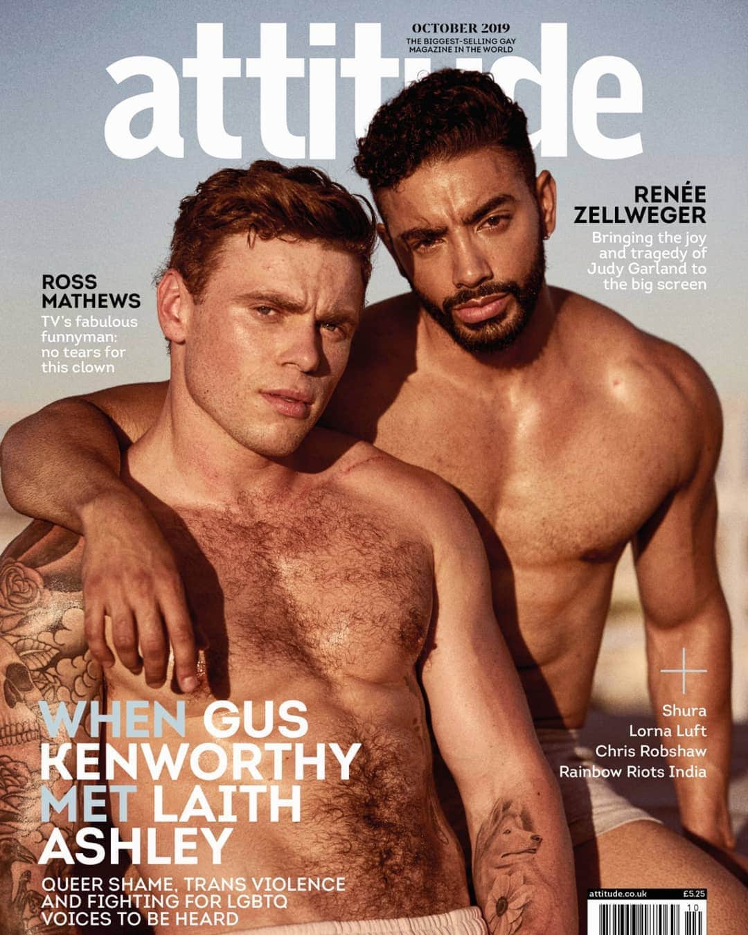 ガス・ケンワージーのインスタグラム：「Stoked to be sharing the October cover of @attitudemag with the beautiful @laith_ashley! Pick up your copy on newsstands now! 💕 📷: @santiagobisso 👕: @josephkocharian 💇🏼‍♂️: @gtgervais ✍🏻: @cliffjoannou」