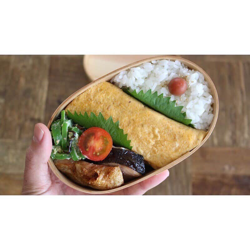 にぎりっ娘。のインスタグラム：「* 旦那様リクエストの #卵焼きドーン ！なお弁当。 ・ ・ お弁当箱サイズピッタリにカットするの、難しかった。  てか、カットしすぎたので、切れ目あるよ。わかる？ ・ ・ ・ ま、写真は加工して切れ目けしたけどね(⌯˃̶᷄ ᵕ ˂̶᷄ ॣ)ﾌﾟｯ♪ * * 動画の最後におまけがあるので、良かったら最後までご覧下さい。笑 ・ 作成動画はプロフのYouTubeリンクからどうぞ❤️ ・ MENU ・梅干しごはん ・卵焼き ・焼き鮭 ・ピーマンのゴママヨ和え ・ミニトマト * #お弁当中#お弁当#愛妻弁当#おべんとう#旦那弁当#手作り弁当#ランチ#lunch#lunchbox#obento#bento#お弁当じまん #cookingram#クッキングラム#らくらくお弁当#ハンズ弁 #もクラシル#KURASHIRU#kurashirufood#macaroni #デリスタグラマー #lin_stagramer * お弁当作成動画配信中 youtube内検索で 「お弁当中」か「にぎりっ娘」で検索してね😘 *」