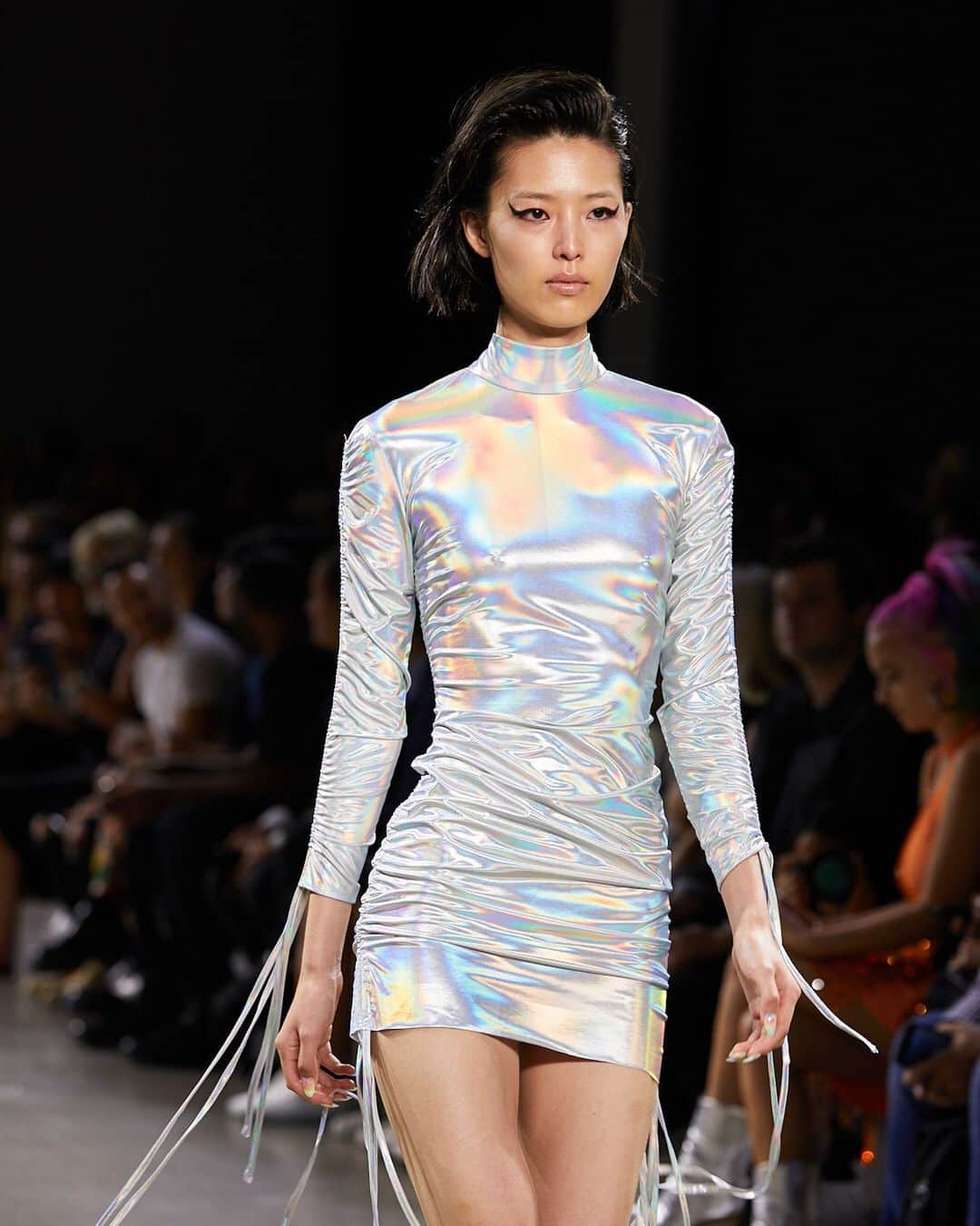 Fashion Weekのインスタグラム：「Iridescent mini dress struts down the @ChristianCowan September 2019 runway. 💿 Photo by @johnnydeguzman.」