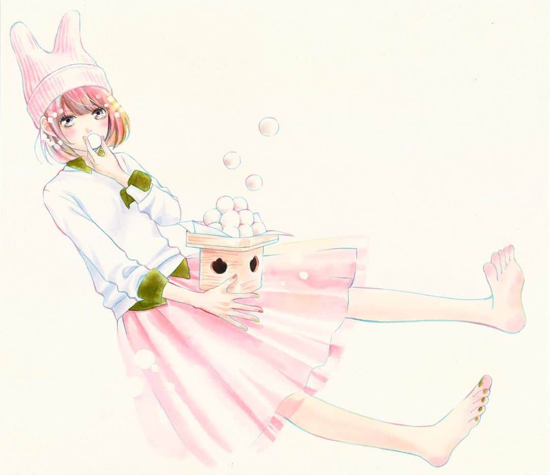 ななじ眺のインスタグラム：「2016年秋のカレンダー絵、元絵。アナログでした。 線や面に単色じゃなく何色か入れるの、ちょっと味が出る気がして好きです。 #ふつうの恋子ちゃん #中秋の名月 #イラスト」