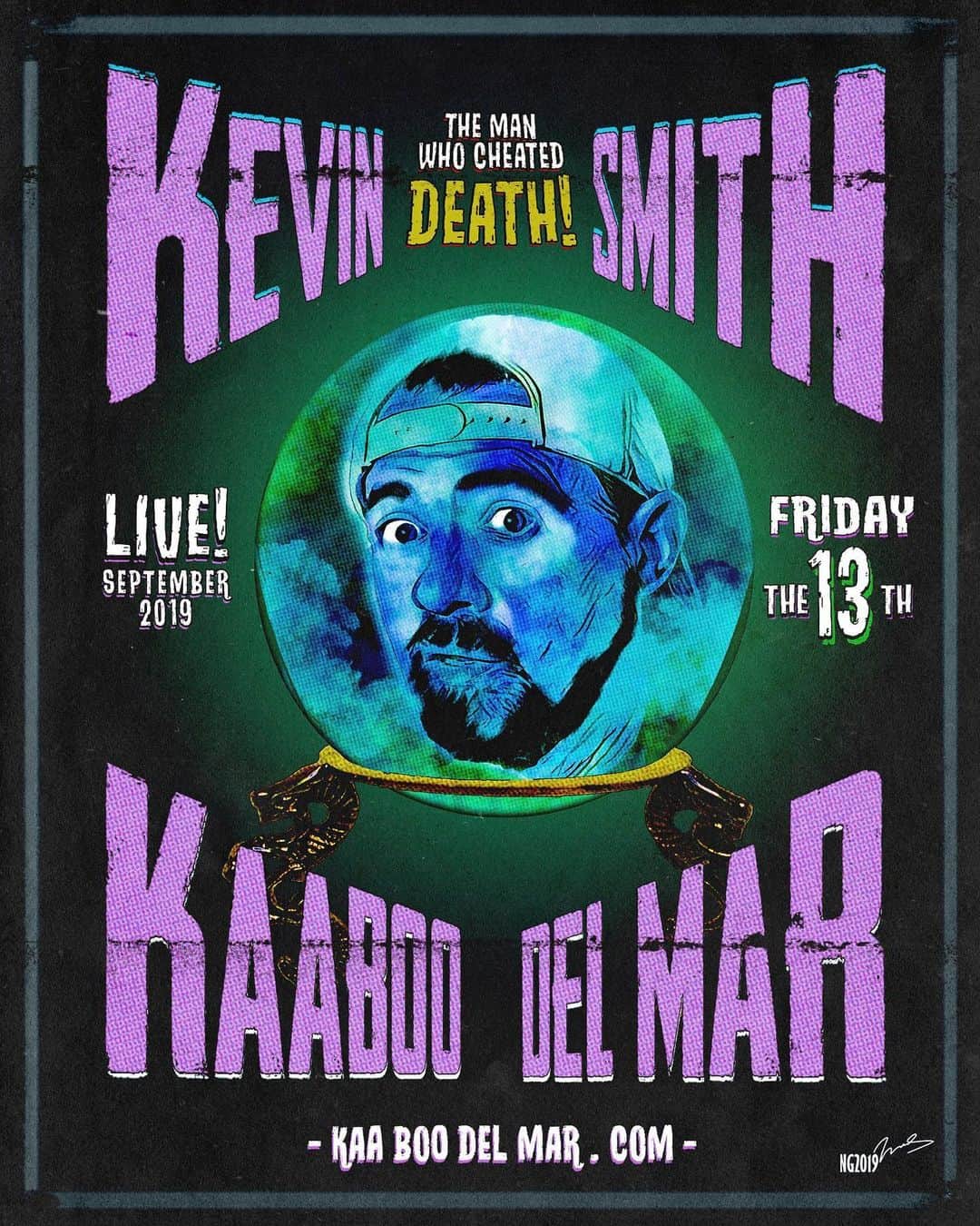 ケヴィン・スミスのインスタグラム：「TONIGHT! I’ll be trying desperately to be funny amongst truly hilarious people on one of the stages at #kaboo! But unlike any other gig in recent memory, I’m very afraid I’m gonna bomb on #FridayThe13th. So please send positive vibes to Del Mar at around 6:30, if you can. It may sound superstitious but I think I need them. (Amazing Art by @thedarknatereturns!) #KevinSmith  #kaboodelmar #comedy #standup」