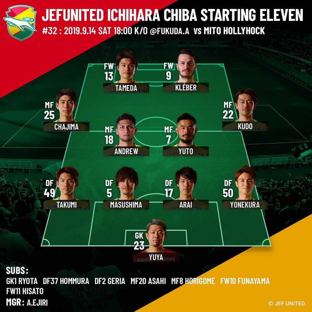 ジェフユナイテッド市原・千葉のインスタグラム：「#32 : 2019.9.14 SAT 18:00 K/O @FUKUDA.A  vs MITO HOLLYHOCK JEFUNITED ICHIHARA CHIBA STARTING XI」