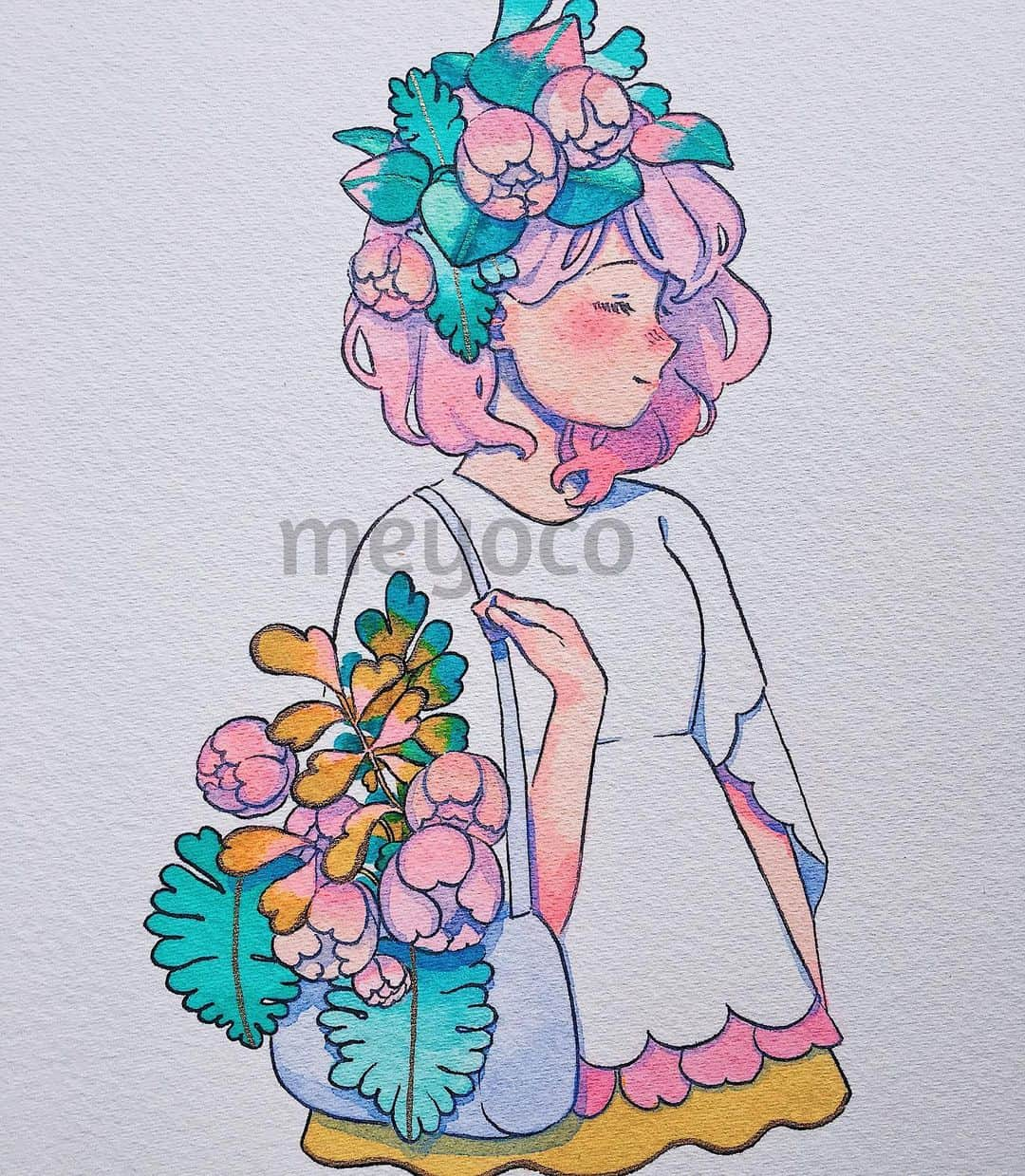 meyocoさんのインスタグラム写真 - (meyocoInstagram)「Throwback to super old watercolor pink haired girls I did in 2017. I really do miss using watercolors 🌸💦 . . You can check out my old art supplies account here ➡️ @pearlescentpink #throwback #watercolor」9月15日 5時51分 - meyoco