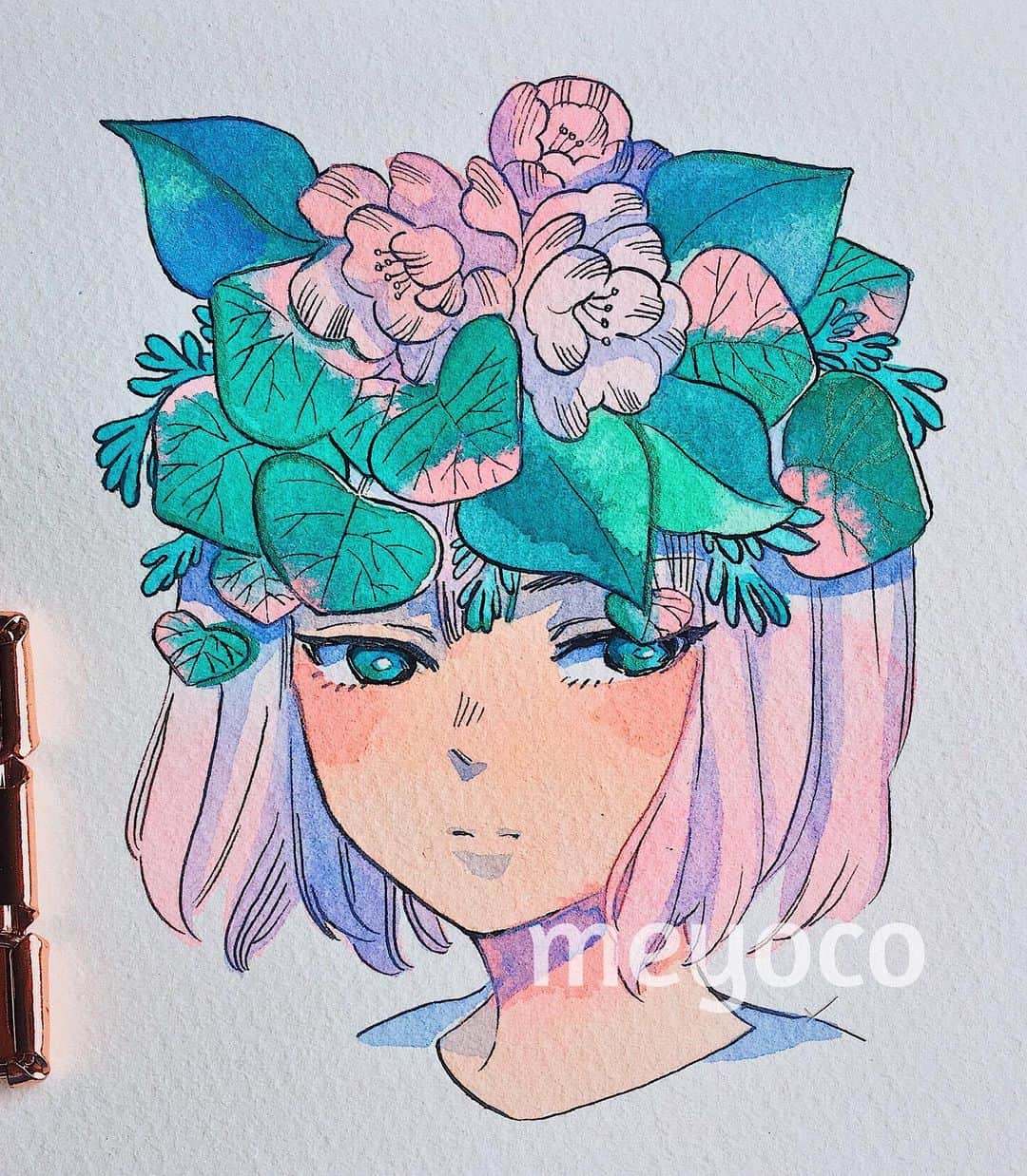 meyocoさんのインスタグラム写真 - (meyocoInstagram)「Throwback to super old watercolor pink haired girls I did in 2017. I really do miss using watercolors 🌸💦 . . You can check out my old art supplies account here ➡️ @pearlescentpink #throwback #watercolor」9月15日 5時51分 - meyoco