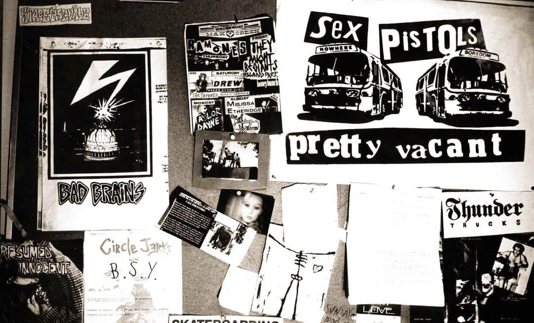 Shepard Faireyのインスタグラム：「This photo of the bulletin board from my RISD freshman dorm room shows a collection of stuff I was into, from punk show flyers to my friend’s skate zine. If you look at Obey and the influences I’ve had, the bulletin board encapsulates a lot of the different influences that are still with me now. The DIY ethos of punk rock and the creativity of skateboarding, and the rebellious nature of both have completely informed everything I’ve done. At the time, the bulletin board was just a random collection of stuff that was accumulating organically, but since then I’ve made knockoff variations of almost all the imagery within it. It just shows that either I’m really boring or I had it planned out right from the start. - Shepard」