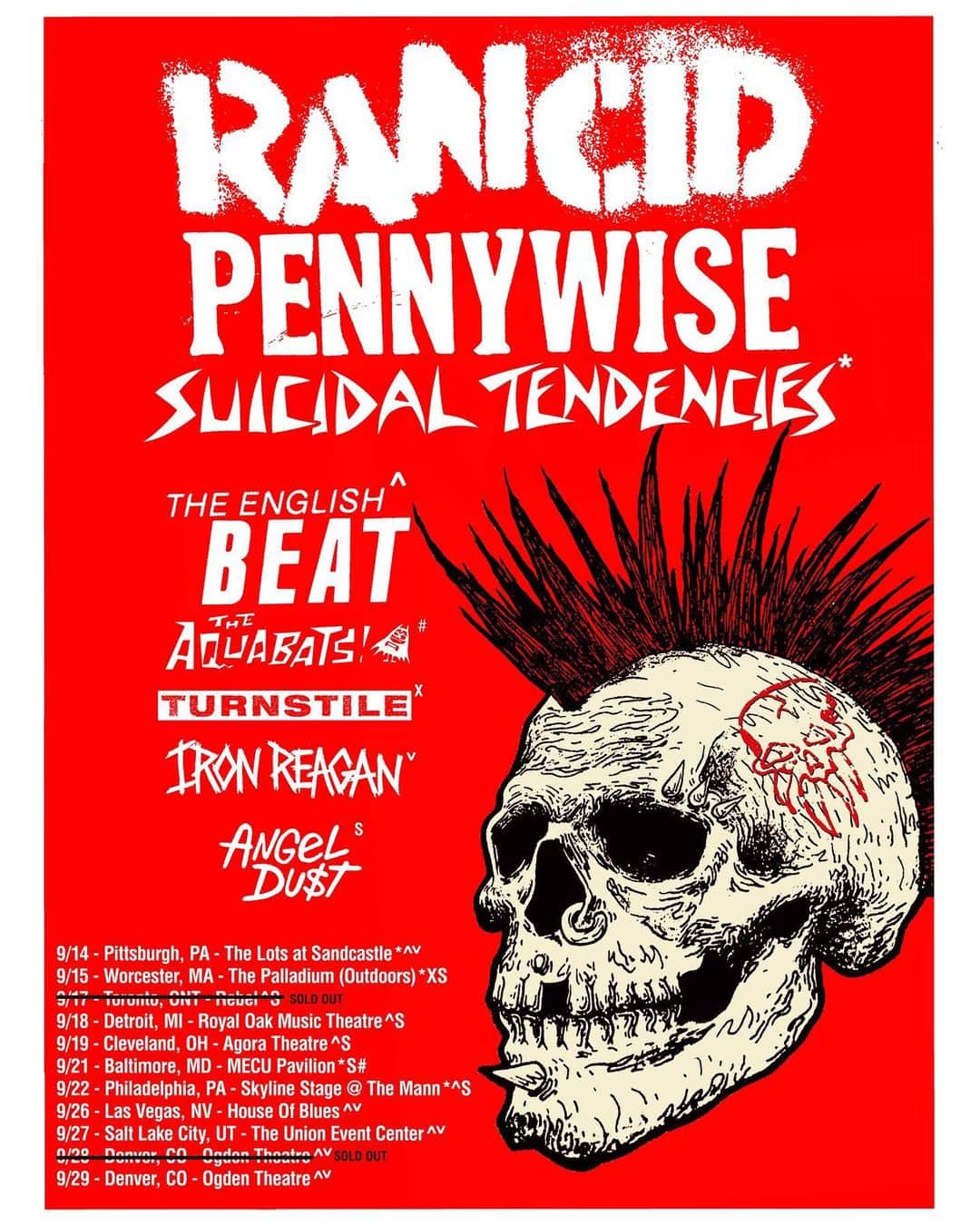 Rancidさんのインスタグラム写真 - (RancidInstagram)「Tour with @_pennywise, @suicidaltendencies, @theenglishbeat, @theaquabats, @turnstiletribe, @ironreaganofficial and @angeldustmoney starts today!  Pittsburgh swipe for exclusive poster, available at the merch booth  Ticket link in bio 👊」9月15日 1時58分 - rancid
