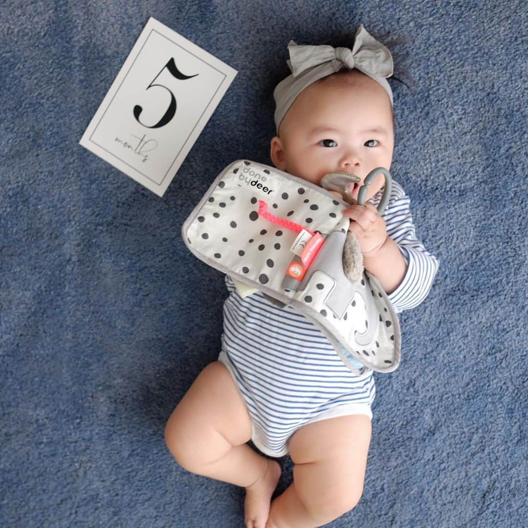 Keikooooooのインスタグラム：「5ヶ月に入りました👶🏻♥️ 貫禄凄め🤣ほんとにあっという間でした。 体重7.6kg 身長65㎝ . . 記録 ✔︎オムツのウンコ漏れも無くなった ✔︎夜もよく寝てくれる ✔︎寝返りも4か月後半に出来るように ✔︎気が付いたら方向転換してるからコレはずり這い？ ✔︎コロコロ寝返りして色んなトコに移動してる ✔︎足を掴んでゆらゆら ✔︎掴む手の力も強くなりました。 ✔︎オッパイ飲む時服を掴みながら飲む ✔︎オモチャもしっかり持ったり 絵本も持つようになってきた。 ✔︎夜はママじゃないとダメになってきた ✔︎ヨダレすごい ✔︎久々にお義母さんに預けたらミルク飲んでくれなかったから、粉ミルクだめになってるかも😭 もうすぐ離乳食。ドキドキです笑。 . #女の子ママ #赤ちゃんのいる生活 #5m #赤ちゃんのいる生活#マンスリーフォト#Baby #女の子まま #5mouth#生後5ヶ月 #月齢フォト #babyblingbows #babybling #ヘアバンド #ヘッドリボン #monochpaper #マンスリーカード#月齢フォト #hm #エイチアンドエム #donebydeer @donebydeer_japan」