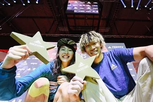 のインスタグラム：「Wow!!!🤩✨💓What happened to me🤦‍♀️💓 I got this😳✨ I enjoyed climbing at the Super Final with @janja_garnbret ❤️😘 And congrats @ogata.yoshiyuki 🎉 ・ photo ・@toksuede ・@adidasrockstars ・ ・ #adidasrockstars #climbing #bouldering  @au_official @denso_official @anessa_official_shiseido @thenorthfacejp @lasportivajp @newerajapan @tokyopowder @newhale_japan @thestonesession #jazzysport #岩泉ヨーグルト」