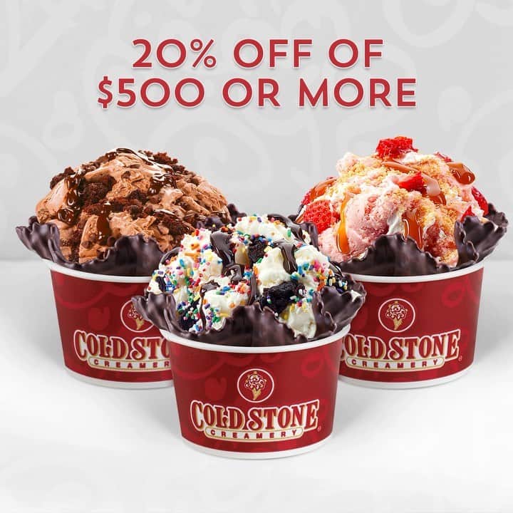 コールド・ストーン・クリーマリーのインスタグラム：「Raise your hand if you’re addicted to Cold Stone 🙋 We have a special for all you super fans! Until October 31st, Cold Stone will be providing 20% off when you purchase $500 or more in gift cards.* That’s A LOT of ice cream for your coworkers, friends and family! 😍😋🍦 . . . Click link in bio to order! . . . *Offer valid for gift card purchases online only. Additional restrictions may apply」