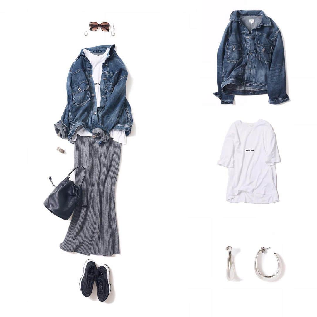 のインスタグラム：「NEW♦️Coordinate ・ 2019-09-16 ・ いまだけスタイル、楽しみたい ・ outer : #ag tops : #soft  skirt : #annina accessory : #インデアンクラフト#anthemforthesenses bag : #ruedesfleurs shoes : #nike other :  #gucci ・ #kkcloset #kkshop #菊池京子 #kyokokikuchi #style #コーデ #coordinate #code #fashion #コーディネート #ootd #wear #カジュアル#happy #秋冬 #gジャン #knitskirt #sporty」