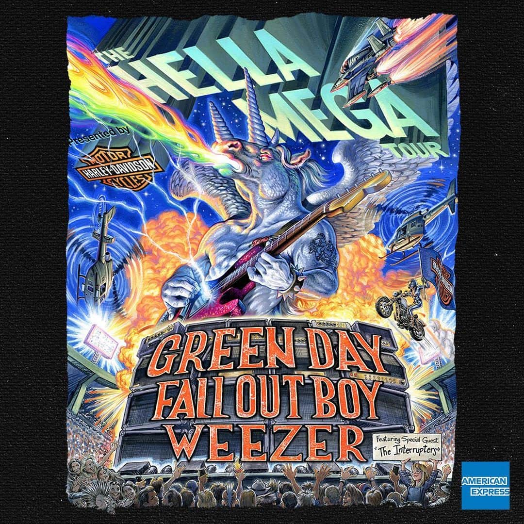フォール・アウト・ボーイのインスタグラム：「you know where to be next summer... and it's at the #HellaMegaTour w/ us, @GreenDay + @Weezer👌@AmericanExpress Card Members snag tix in the #AmexPresale https://amex.co/2m3jbhc」