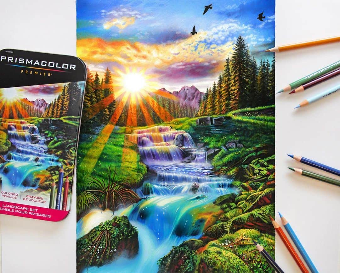 Morgan Davidsonのインスタグラム：「Sometimes I wish I could just jump into a drawing. 🥰🌲✨ My original colored pencil landscape drawing next to the Prismacolor set available in stores and online.💕 Also, its giveaway time!! The winners are.. 🗣 First place🔸@dania_lopez17  Second and third place 🔹 @tearbear_stitches @karinamcmillan  Please DM your addresses and your choice of print! ☺️ I hope everyone has an awesome week! ❤️」
