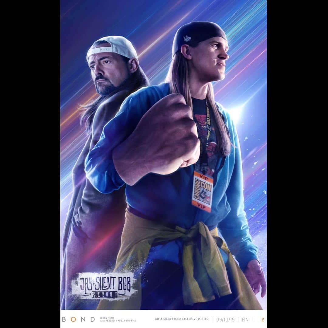 ケヴィン・スミスのインスタグラム：「KNOCK ALL COCKS! Get this awesome @jayandsilentbob Reboot poster FREE when you attend our OCTOBER 15th @fathomevents screening at a theater near you! If you missed out on getting #RebootRoadshow tickets, you can see #JayAndSilentBobReboot at your local multiplex on 10/15 (with free poster while supplies last) and 10/17 (as a double feature with Jay and Silent Bob Strike Back)! Tickets at the link in my bio! There are 3 ways to see Reboot next month: 1) Catch it at a #fathomevents screenings EVERYWHERE on 10/15 and 10/17, 2) Watch the flick WITH @jaymewes and I on the Reboot Roadshow Tour, 3) When the Roadshow Tour leaves a town, see it at a theater IN that city! I’ll be on the road with Reboot from the first gig in New Jersey on 10/19 until the last show in New Orleans (where we shot the flick) this February! Revisit all your childhood friends from the Askewniverse when we Rebootch to the Nooch! ABOUT THE POSTER: Drawn by teaser image artist @cowboyepic, this is our third @wearebond poster, with one more yet to come! Kei captured perfectly the attitude, essence, and anarchy of our goofball flick! Can’t thank her enough, as well as the #wearebond team who came up with amazing imagery to help us sell the flick! #KevinSmith #JasonMewes #jayandsilentbob #sabanfilms #movieposter #cockknocker」