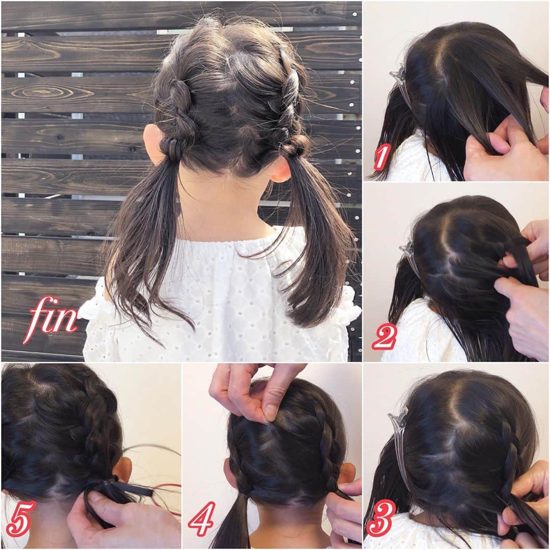 TWiGGY『mizunotoshirou』さんのインスタグラム写真 - (TWiGGY『mizunotoshirou』Instagram)「【子供アレンジ】ぶきっちょママさん必見！簡単可愛い♡『編み込みツインテール』 ・ 動画はyahoo creatorsにて📹 ✅プロセス 1.子供の髪はサラサラなので、最初にヘアバームを馴染ませて、まとまりを良くします。 根元→毛先の順で馴染ませます。 絡まりがある場合はブラッシングを行なってください。 2.ざっくり真ん中で2つに分けます。ジグザグに取ると頭皮が見えにくいです。 3.表面から編み込んでいきます。新しい髪を下に編み込んでいきます。今回は裏編み込みですが、普通の編み込みでもOKです。 4.髪がなくなるまで右側は右下に向かって、左側は左下に向かって編み込みます。最後にゴム留めします。 5.逆側も同じく。 6.アレンジスティックを使ってゴム隠しをします。輪っかに髪を通して、アレンジスティックを引き抜きます。2〜3箇所すればドーナツ型に可愛く隠れます。逆側も同じく。 ・ ✅成功のポイント □ヘアバームを馴染ませると編み込みが簡単になります。 ヘアバームは操作性が良く、ヘアアレンジのベースに最適な【Aider エード】を使用。 □子供は頭皮が見えやすいので、ツインテールの境目を引き出してぼかしてください。 □リボンなどのヘアアクセサリーを付けても可愛いです。 ・ 編み込みをするだけで、一気にお洒落なツインテールに大変身！ キッズアレンジと編み込みは相性抜群なので、ぜひチャレンジしてみてくださいね☆ ・ #子供アレンジ #キッズアレンジ #kids #kidsアレンジ #ヘアアレンジ #アレンジ #ヘアセット #ツインテール #編み込み #裏編み込み #ehime #松山 #愛媛 #愛媛県松山市  #ミズノ流アレンジ」9月17日 7時22分 - mizunotoshirou