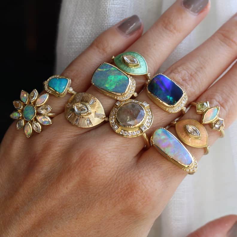 のインスタグラム：「Holding onto summer with ethereal boulder opal, engraved enamel, and raw diamond rings. 👁🌈💕✨ #handforged #uniquegems #finejewelery #brookegregson #boulderopal #rawdiamond #alternativewedding #uniquediamonds」