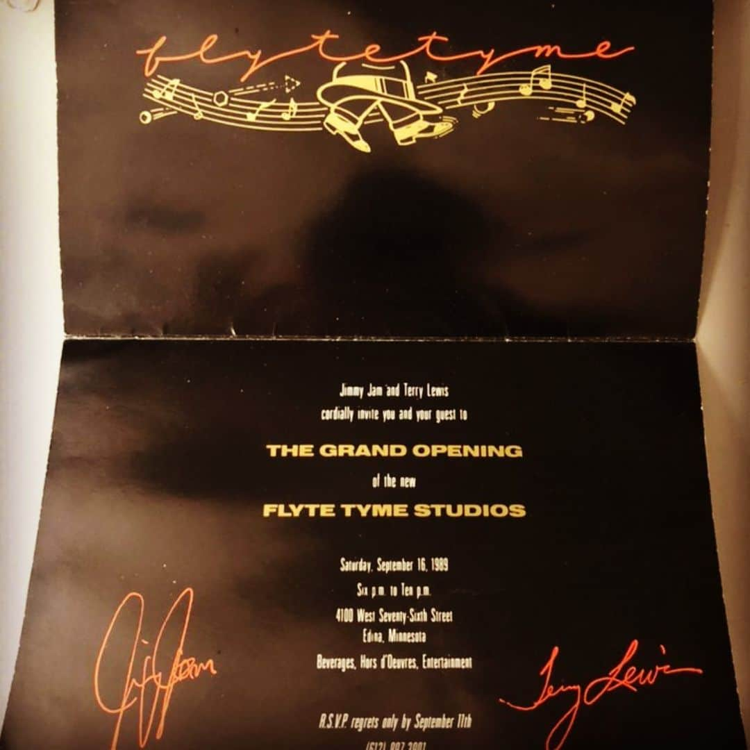 ジミー・ジャムのインスタグラム：「With all the @janetjackson festivities in Minneapolis over the weekend I was reminded that 30 years ago today was the official grand opening of Flytetyme Studios. Here’s the invite for the event. #flytetyme #rhythmnation #janetjackson #jimmyjam #terrylewis #stevehodge」