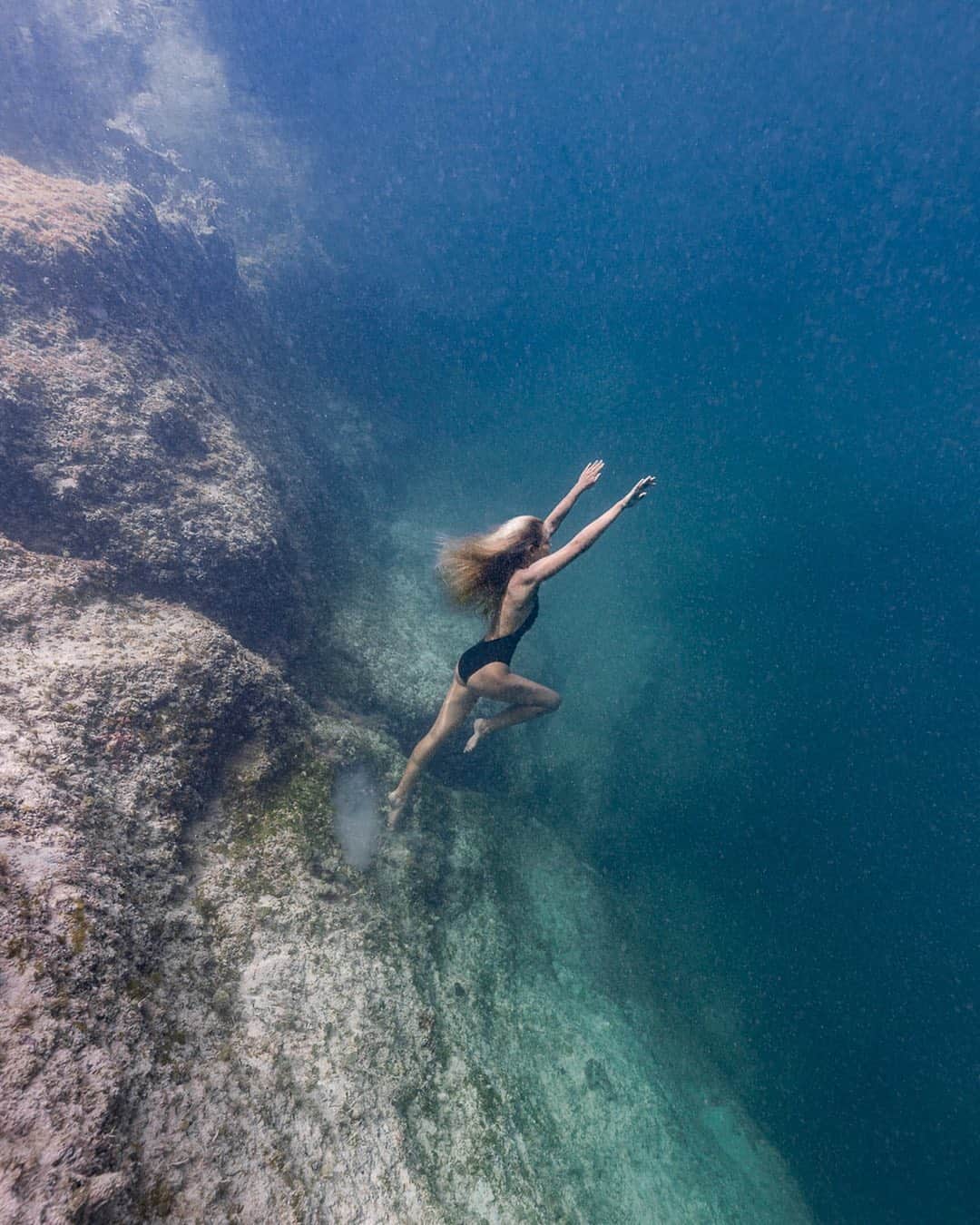 サシャ・カリスのインスタグラム：「How far can I go? Exploring inland blue holes with  @bahamasnationaltrust 💦 At Gibson’s Cay in Andros, this blue hole is the entrance to a complicated cave system, connected to multiple oceanic blue holes. 📸 @andremusgrove」