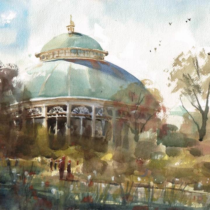 のインスタグラム：「🍂 You can almost feel the crisp fall air in this painting of the Haupt Conservatory. The piece, by @jaredcullum, graces the cover of this year's #NYBGAdultEd Fall-Winter catalog, and with new classes just around the corner, there are plenty of opportunities to change your career, beautify your greenspace, and renew your passions.」