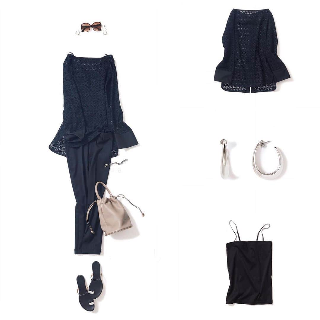 のインスタグラム：「NEW♦️Coordinate ・ 2019-09-18 ・ 私流エレガンス@greige ・ tops : #lustic #fio pants : #lustic accessory : #anthemforthesenses #gigi #hum bag : #ruedesfleurs shoes : #ilsandaloofcapri other :  #gucci ・ #kkcloset #kkshop #菊池京子 #kyokokikuchi #style #コーデ #coordinate #code #fashion #コーディネート #ootd #wear #カジュアル#happy #black #レース #blackpants #greige」