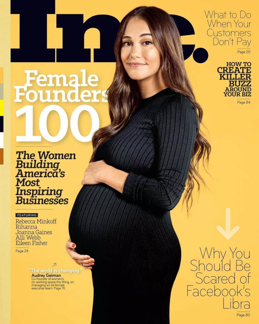 オードリー・ゲルマンのインスタグラム：「I am honored to be featured on the cover of @incmagazine’s female founders issue and to be the first visibly pregnant CEO on the cover of a business magazine. It is amazing to be featured on this list alongside incredible trailblazers and friends like @shanlynm @nicolegibbonsstyle @whitney @jennifer @jenniferyael @lepitts and more.  Check out @youfoundchristine’s story on @the.wing’s growth over the past three years and our future plans, which include our first conference for members + non-members, The Wing’s #StrictlyBusiness, and how we’re developing new definitions of what Wing membership will be. I am humbled by what we all go through together collectively to change the ratio - and how when we gather and support one another, we go further, faster. 💛 photo by @hollyandres!」