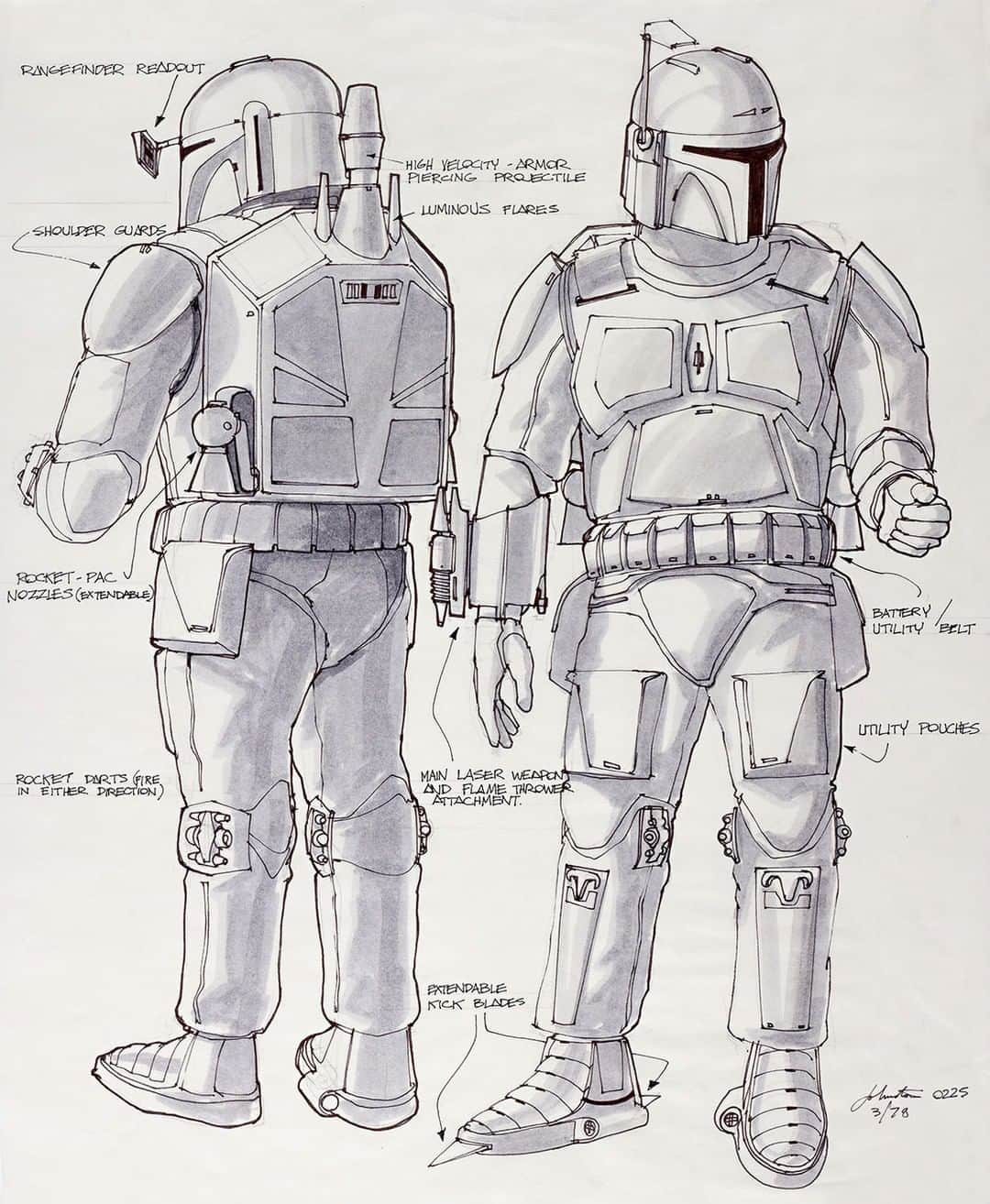 スター・ウォーズさんのインスタグラム写真 - (スター・ウォーズInstagram)「Joe Johnston’s original concept art drawings for Boba Fett give insight into the design process of the character. (Watch out for those boot spikes, Han Solo.)」9月19日 0時00分 - starwars