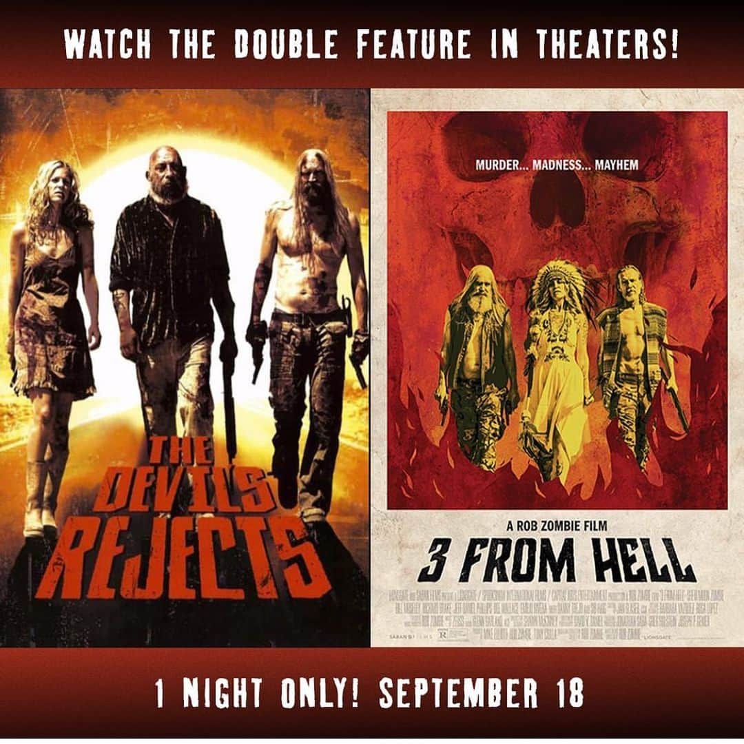 ロブ・ゾンビのインスタグラム：「Tonight see it the way it should be seen! Back to back on the big screen! #robzombie #sherimoonzombie #richardbrake #3fromhell #billmoseley #thedevilsrejects #sidhaig #freethethree」
