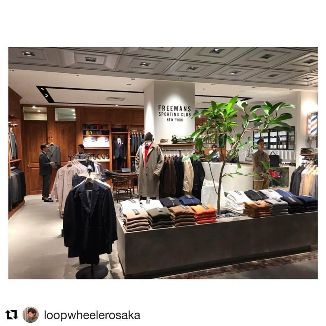 のインスタグラム：「#Repost @loopwheelerosaka with @get_repost ・・・ 開店おめでとうございます！ . #loopwheelerforfreemanssportingclub  #loopwheelerforfsc *** オープンおめでとうございます！ また、お邪魔させていただきます🙇🏻 . #FREEMANSSPORTINGCLUBNEWYORK #FREEMANSSPORTINGCLUB #大丸 #心斎橋 #shinsaibasi #loopwheeler #ループウィラー  #tsuriami #tsuriamiki #吊り編み」
