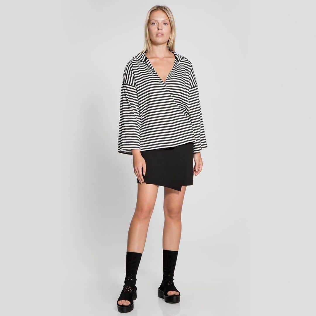 マックススタジオのインスタグラム：「Rayon & Spandex Striped Jersey Hooded T-shirt #fashion」