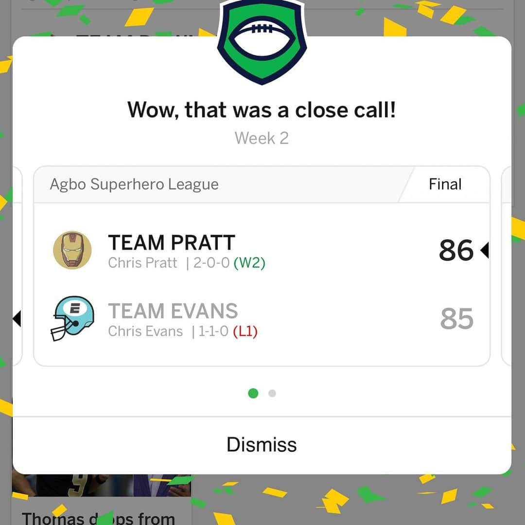 クリス・プラットのインスタグラム：「To those of you who are wondering I squeaked out a victory over Chris Evans last week in the AGBO Fantasy Football Superhero League. One step closer to winning big for my charity the @braintreatmentfoundation Give them a follow and check out what they do! I should mention Chris Evans charity @christophershaven is a truly wonderful place as well. I was lucky enough to spend some time there a few years back. They are really doing incredible work over there- helping a lot of wonderful kids. I will be making a donation to them as well. I urge you to check them out and do the same if you please. 🙏♥️」