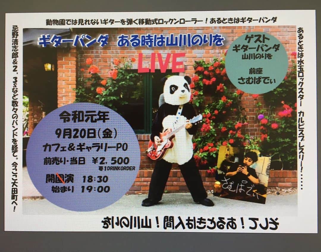山川のりをのインスタグラム：「本日は大田市カフェ&ギャラリー ポーにてギターパンダライブです。18時30分/19時、2500円+D。共演はさむぱでぃ。お近くの方々会いにきてアイニージュー！guitarpanda.net」