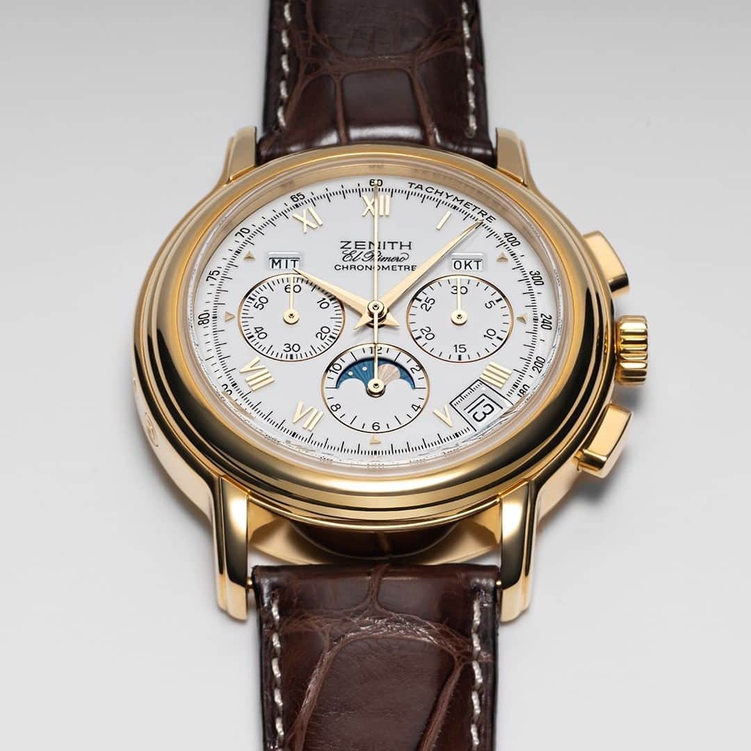 ゼニスのインスタグラム：「#BehindTheStar: From the El Primero archives comes this Chronomaster, made in 1994 in a gold case and featuring a triple calendar and moon-phase indicator in a classical yet typically Zenith styling.  #Zenith #ZenithWatches #Watches #Watch #Watchesofinstagram #Watchfam #WatchoftheDay #Luxury #WatchAddict #Watchcollector #Horology #DailyWatch #ElPrimero #Chronograph #VintageWatches」
