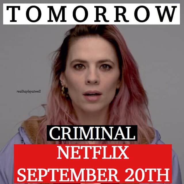 ヘイリー・アトウェルのインスタグラム：「REMINDER TO WATCH CRIMINAL ON NETFLIX TOMORROW! (SEPTEMBER 20TH IF SEEING THIS POST ON ANOTHER DAY)」