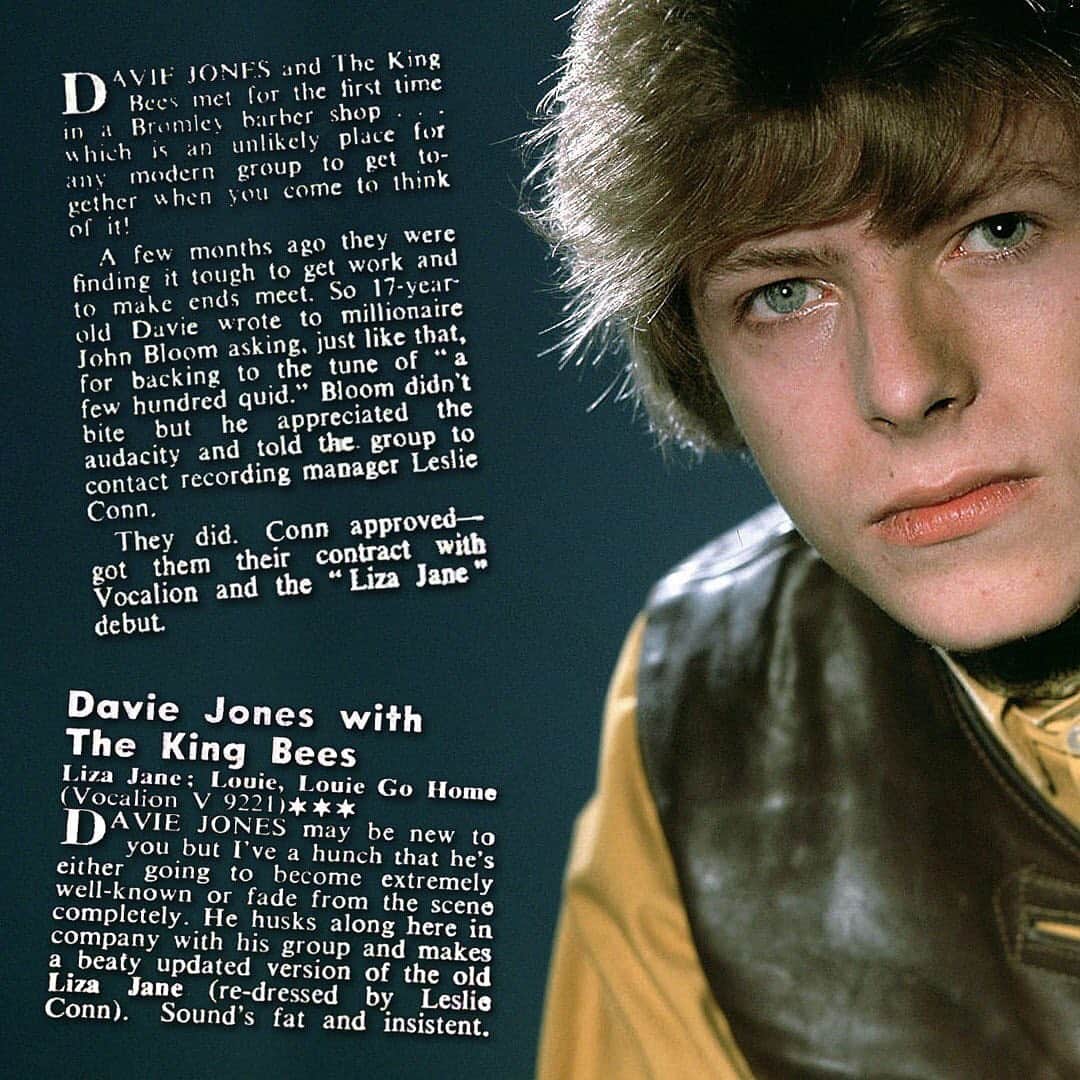 デヴィッド・ボウイさんのインスタグラム写真 - (デヴィッド・ボウイInstagram)「JONES TO BECOME EXTREMELY WELL-KNOWN...POSSIBLY “I got a girl who loves me true...” Back in June we celebrated the 55th anniversary of Bowie’s first ever release: Liza Jane/Louie, Louie Go Home, issued as Davie Jones with The King-Bees. (https://smarturl.it/LizaJane55BNet)  Despite a handful of positive reviews, the world was not yet ready to embrace the charms of either Davie Jones or Liza Jane. Success on The Hit Parade would take another five years and a name change from Jones to Bowie to secure David his first hit.  One of the reviews which had eluded us for our round-up when we celebrated the record’s fiftieth in 2014, surfaced recently in the June 13th, 1964, edition of DISC in the UK. Here’s an excerpt: “Davie Jones may be new to you but I’ve a hunch he’s going to become extremely well-known or fade from the scene completely.” Well, that particular reviewer must have thought the second possibility was the future that destiny had mapped out for young Jones. Let’s hope they followed his career and realised that the “extremely well-known” David Bowie was the same singer.  Photo of King Bee Jones by DEZO HOFFMANN  #BowieLizaJane」9月20日 9時34分 - davidbowie
