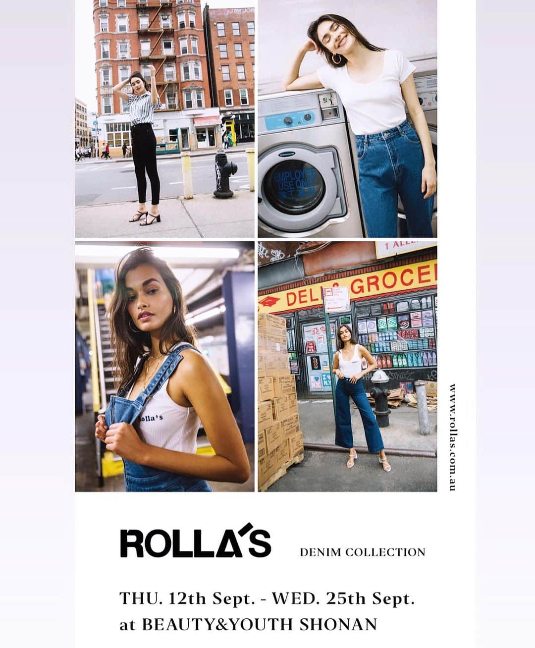 のインスタグラム：「⠀ ⠀⠀💛ROLLA'S⠀⠀ 👖Denim Collection👖⠀⠀ ＼POPUP開催中！／⠀ 9.12(木)〜9.25(水) @ B&Y湘南店⠀⠀ ⠀⠀ @beautyandyouth_official ⠀ 来週水曜日まで、BEAUTY & YOUTH 湘南店様にてROLLA'Sのデニムを一堂にご覧いただけるDenim Collectionを開催中です！⠀⠀ ⠀ 80'sノスタルジーと現代らしいエッジの効いたフェミニンさを併せ持つROLLA'Sのこだわりは、その上質な履き心地にあります。日々のスタイルに寄り添う上品なディテールと最上級のフィット感を、ぜひ店頭でお試しください。豊富なラインナップでお待ちしております☀️⠀ ⠀ #rollas #rollasjeans #denim #beautyandyouth #popup #湘南 #ローラス」