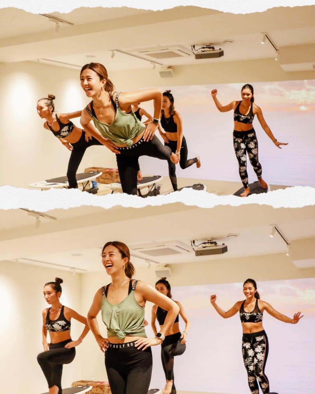 のインスタグラム：「ROXYのみんなとSurf fit体験🏄🏾‍♀️✨ . 意外とキツくて足ぷるぷるでした🔥🔥🔥 . 明後日9/22はRUNSUPYOGA大阪〜💖 . みんなに会えるの楽しみにしてまーす😍 . #roxyjapan  #surffit #workout  #training」