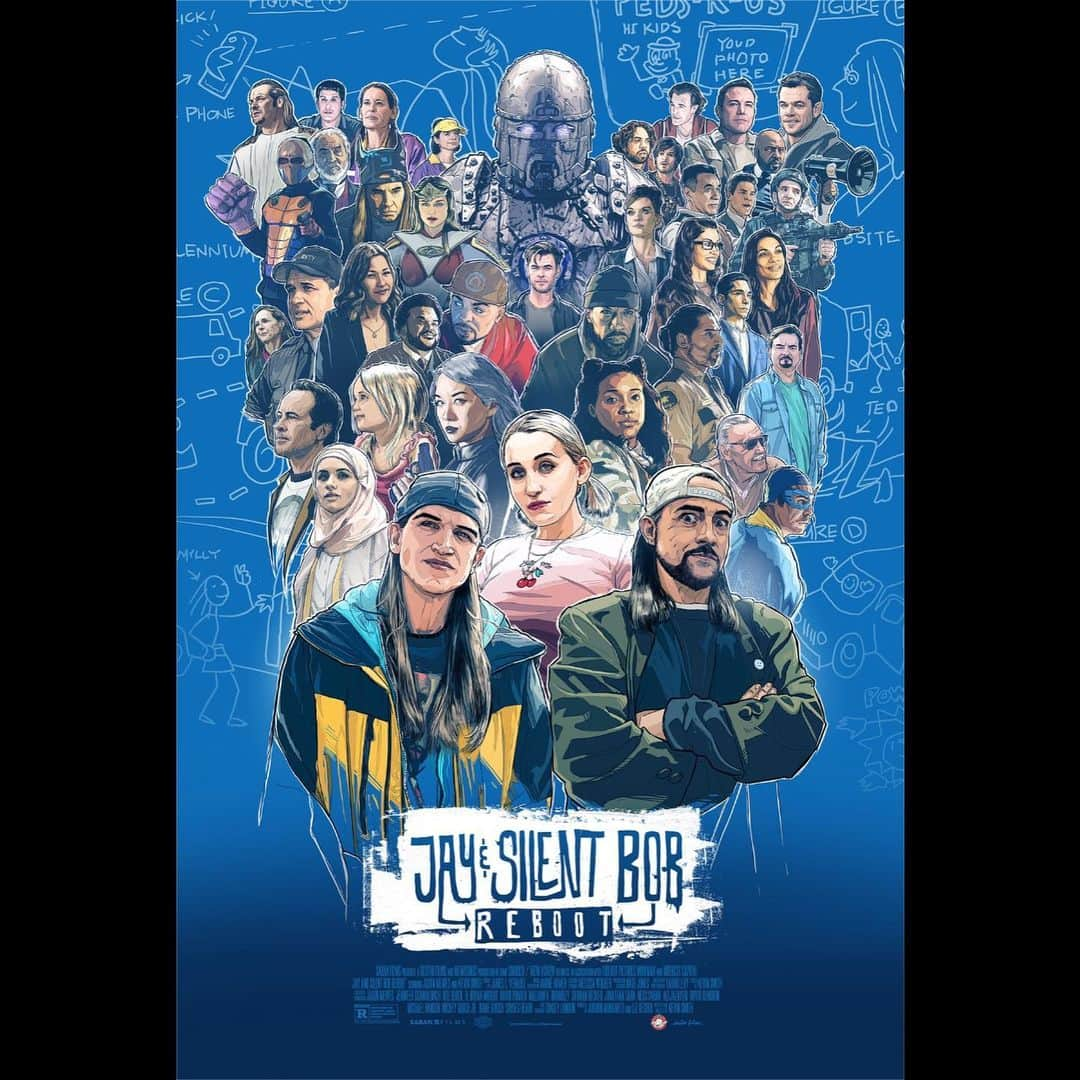 ケヴィン・スミスさんのインスタグラム写真 - (ケヴィン・スミスInstagram)「Presenting our fourth and final poster for @jayandsilentbob Reboot! Hand-drawn by the amazing @arturkel at @wearebond, this piece features almost our entire cast in a super collage of characters! When we started shooting, we didn’t know if we’d get anyone to come down to #neworleans to join us. But look at that cast! I’m still honored that so many friends and folks took the time to say silly shit for us on camera! Wanna watch the flick WITH me? Today, tickets went on sale for the second half of the #rebootroadshow Tour (sponsored by the good folks at @audible, link in my bio), so I’ve included the full list of all 62 cities I’ll be visiting with the flick between now and March! But don’t worry: If you can’t make any of the Roadshow dates, @fathomevents shows our Reboot nationwide at a theater near you in the U.S. on 10/15 and 10/17 and nationwide in Canada via @cineplexmovies on 10/15 and 10/18! Then, after the Roadshow leaves a town, see the flick in that city as well! Wait ‘til you see what kinda corny comedy we’ve cooked up for you, starring the two guys who made their cinematic debut 25 years ago in my first film Clerks! If you’ve been waiting 18 years for a sequel to #jayandsilentbobstrikeback, then you’re gonna love it when #JayAndSilentBobReboot! #KevinSmith #audible #JasonMewes #movieposter #marketing #reboot #sabanfilms #fathomevents #viewaskew #cineplex」9月21日 0時15分 - thatkevinsmith