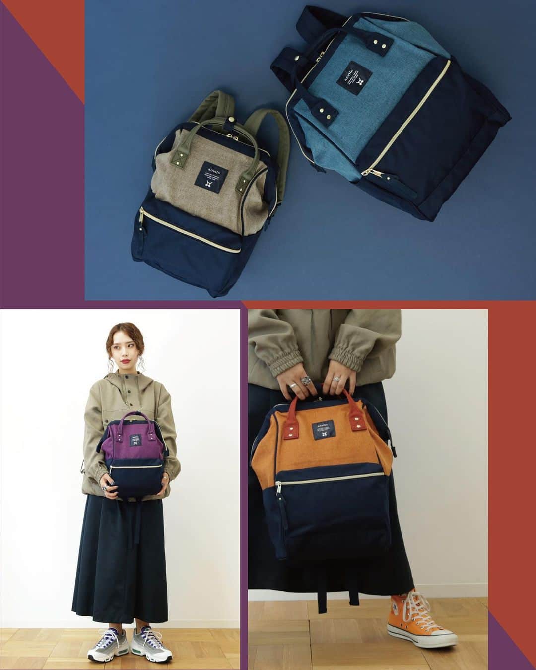 のインスタグラム：「. ■AT-B0193A ¥4,500＋TAX CROSS BOTTLE “KUCHIGANE” BACKPACK(R) BLL,ORL . ■AT-B0197B ¥4,200＋TAX CROSS BOTTLE “KUCHIGANE” BACKPACK(S) BEL,PUL . #anello #anello_bag #bag #kuchigane #crossbottle #backpack #2019AW #OOTD #アネロ #バッグ #バックパック . .」