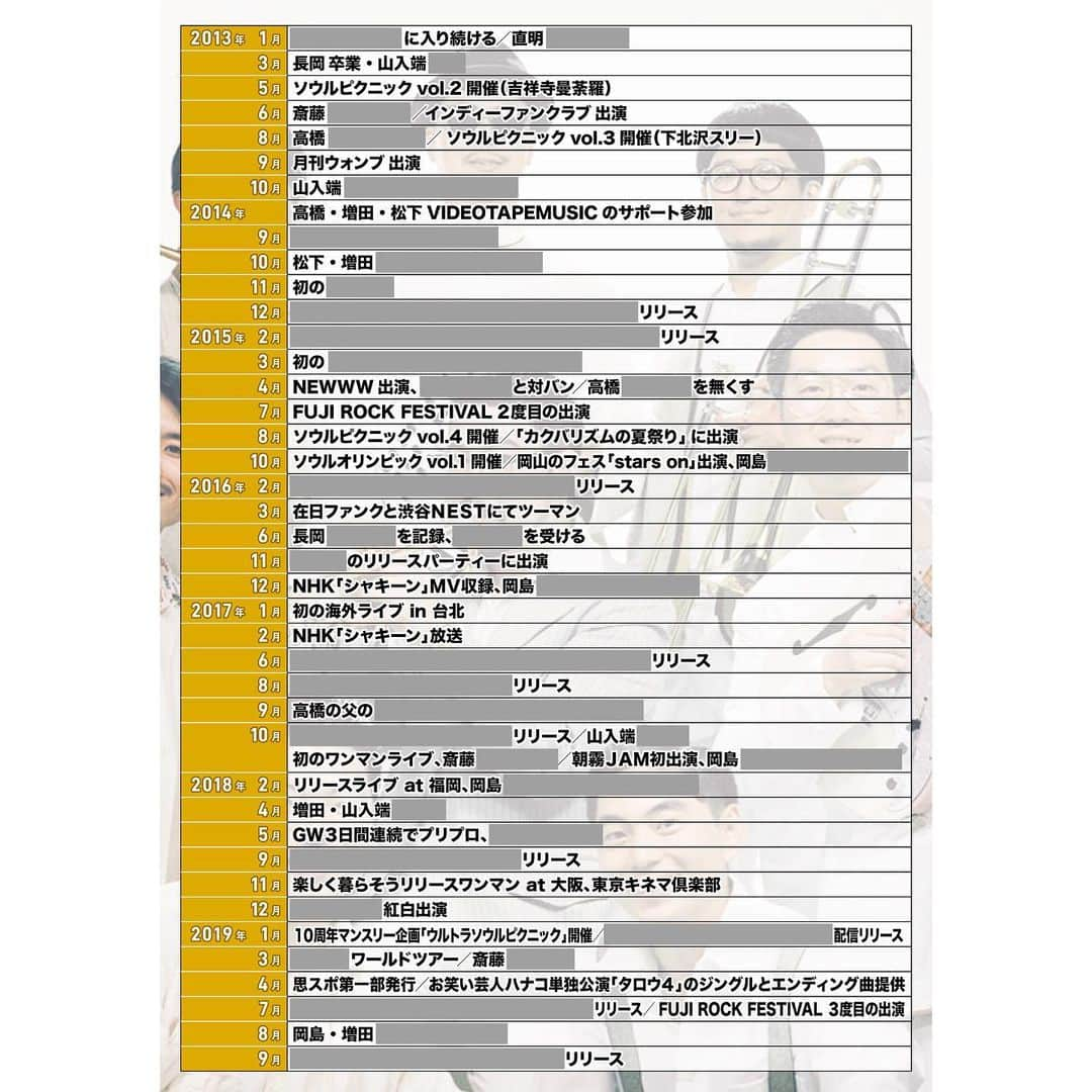 思い出野郎Aチームさんのインスタグラム写真 - (思い出野郎AチームInstagram)「📻📻📻﻿ ﻿ いよいよ9/22は二子玉川ライズにてフリーライブ！晴れてください！﻿ ﻿ さらに！19時からはTOKYO FMにて初のラジオ冠番組「思い出野郎Aチームのソウルピクニックラジオ」がオンエアされます！﻿ ﻿ 司会に岡田ロビン翔子さんをお招きし、本気で作った年表とメンバーの証言をもとにバンドの軌跡を辿っていくスペシャルプログラムです！ ﻿ ぜひお聞きください〜！ラジコでも聞けますよ！﻿ ﻿ 年表のデザインは山さん！﻿ ﻿ 収録本当楽しかった…﻿ ﻿ #カクバリズム﻿ #思い出野郎Aチーム﻿ #tokyofm」9月20日 23時03分 - oyat_official