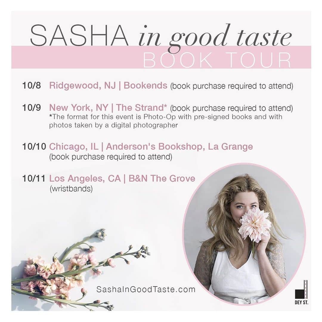 サーシャ・ピーターズのインスタグラム：「Check out the link in my bio to find info on my book tour and how you can get your own signed copy of #sashaingoodtaste !! 🌸🌸🌸🌸」