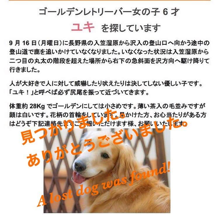 のインスタグラム：「ユキちゃん、見つかったそうです。 ご協力ありがとうございました。 元のポストは個人情報等がありますので削除させていただきます。 そちらにコメントやいいねを寄せていただいた方、ありがとうございました。」