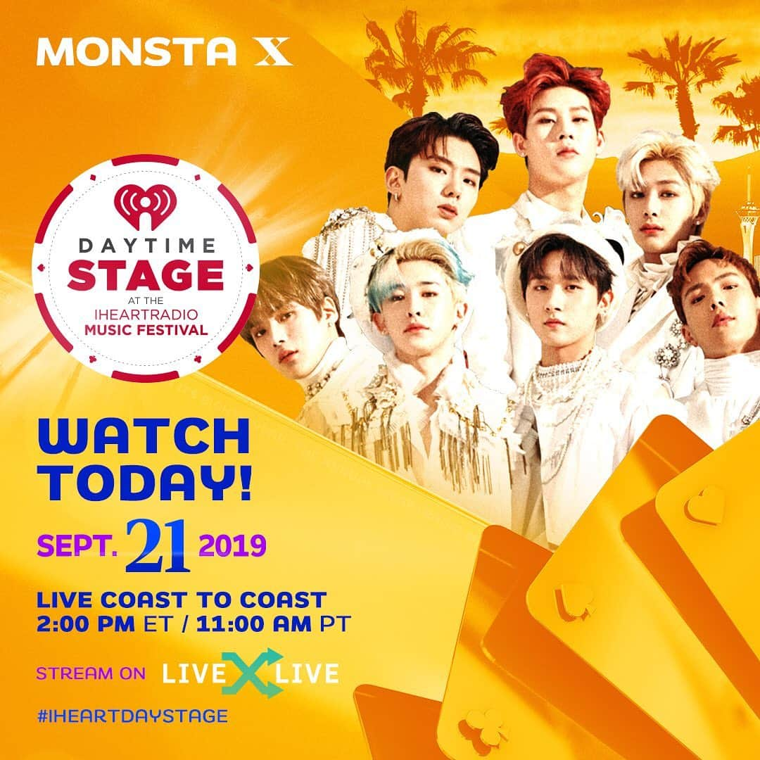 Monsta Xさんのインスタグラム写真 - (Monsta XInstagram)「Can’t wait to see you at the 2019 #iHeartDayStage! Tune in to watch our performance on @livexlive @iHeartRadio」9月22日 5時13分 - official_monsta_x