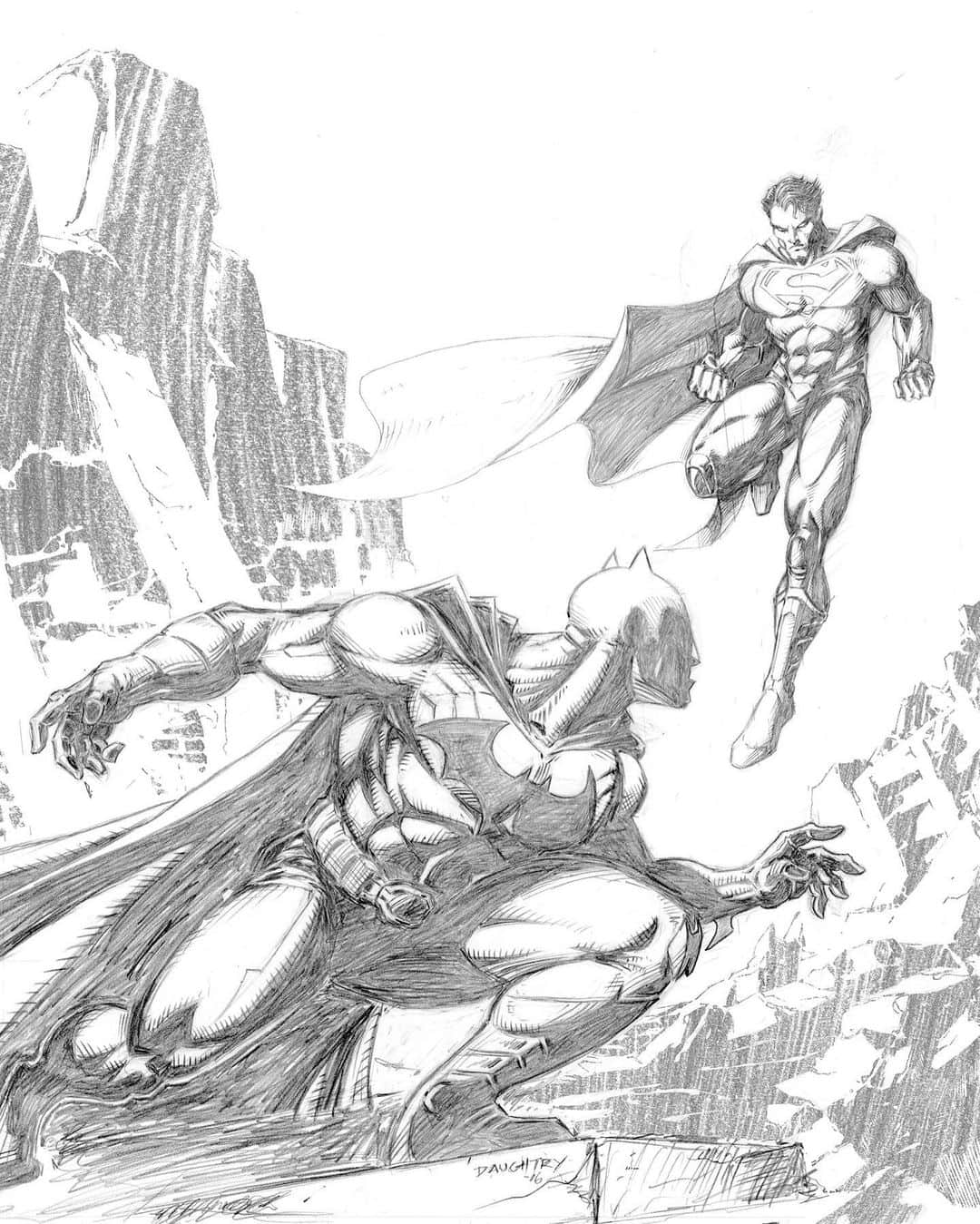 クリス・ドートリーさんのインスタグラム写真 - (クリス・ドートリーInstagram)「Here’s my original pencils for the Batman #50 cover!  Swipe ⬅️ to see @jimlee revisions! As you can see, he changed the background to an amazing environment of rubble and debris caused by a pissed off Superman! He also shrank Supes a bit in Photoshop and moved him closer to Bats. I love how it all came together! Couldn’t have done it with ya Jim!!!! 🙏🏻🙏🏻🦇🦇🦇 #batman #batmanday」9月22日 5時20分 - chrisdaughtry